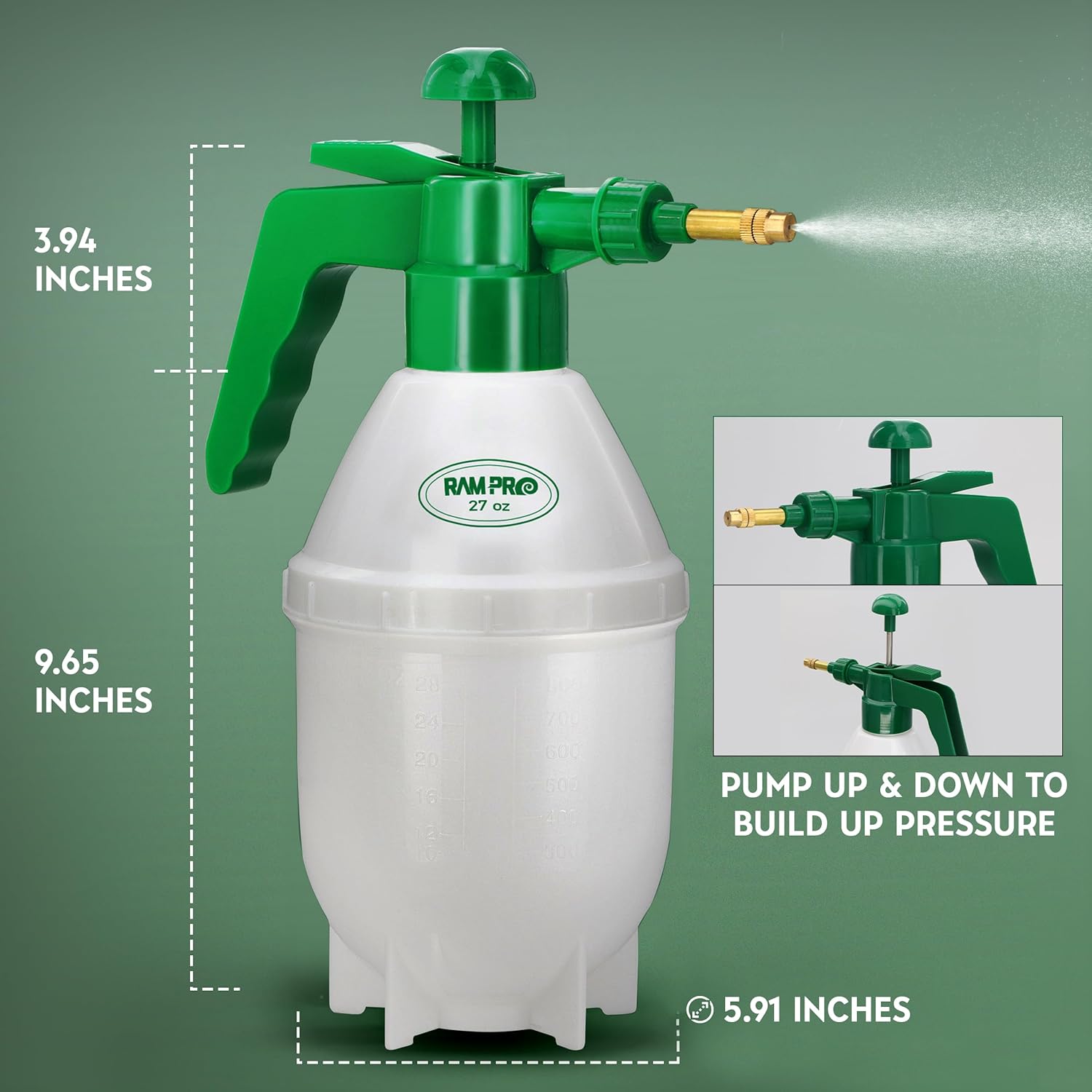 RamPro Pump Sprayer with dimensions labeled: 3.94 inches (top height), 9.65 inches (bottle height), 5.91 inches (base width). Inset images show how to pump to build pressure.