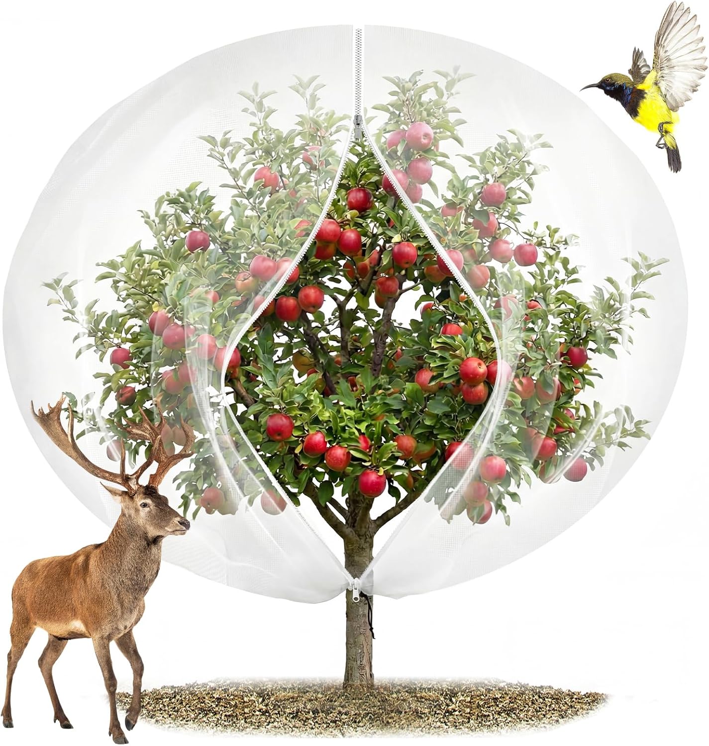 15'x15' Large Fruit Tree Netting with Zipper - Protects Fruit from Squirrels, Birds & Pests, Heavy-Duty Tree Covers for Fruit Trees (White)