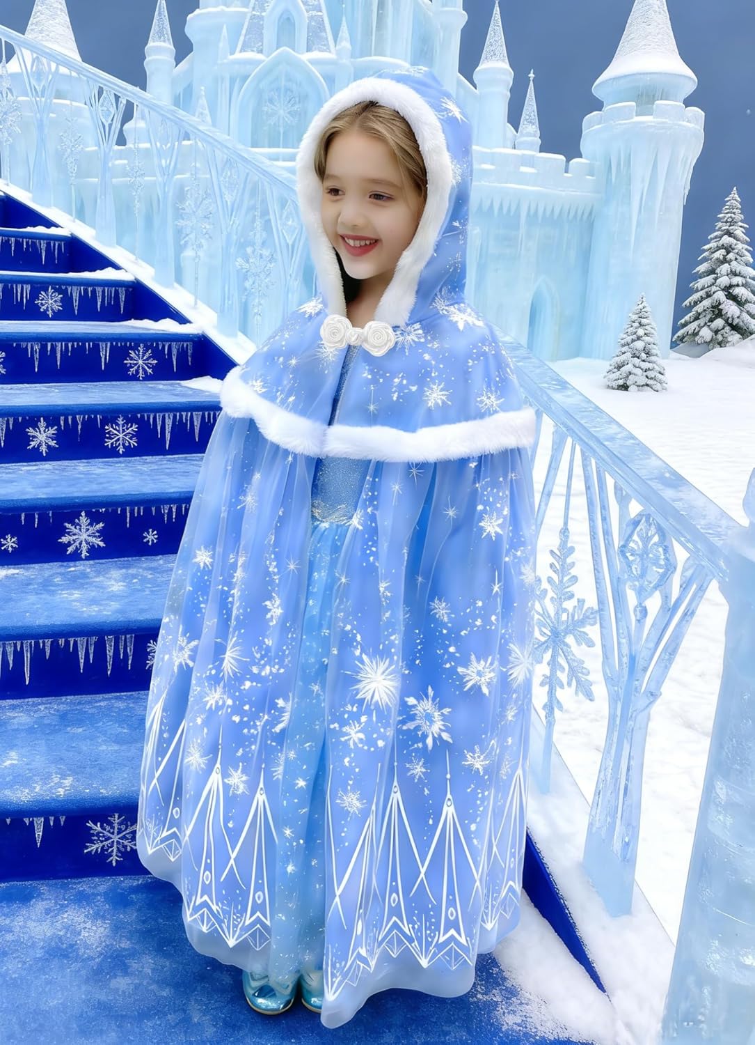 Girls Princess Velvet Cape Kids Elsa Hooded Princess Cape Halloween Snow Cloak Costume 2-10Years - Image 2