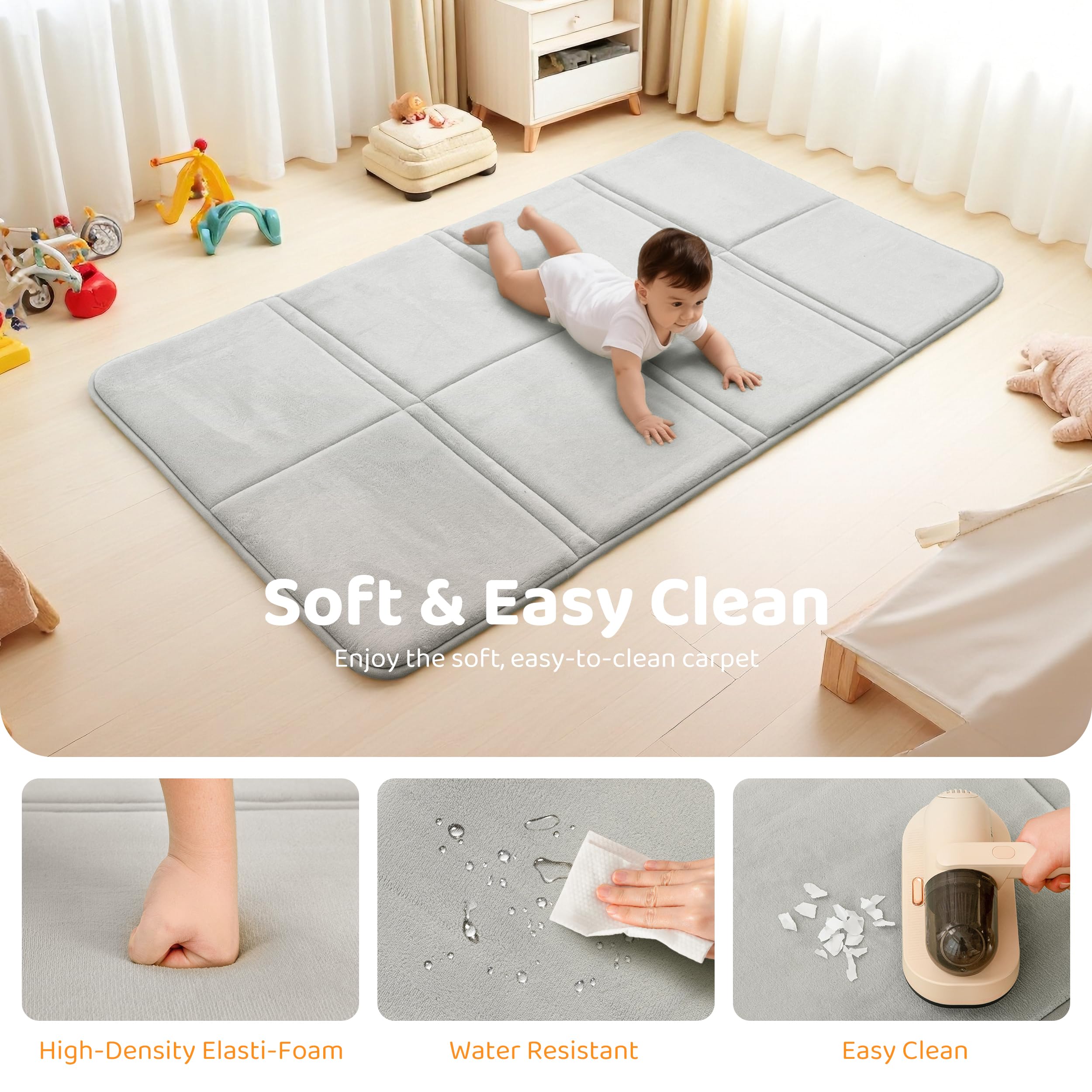BYBYME 3cm Thick Baby Play Mat for Floor, 80 * 150cm Foldable Playpen Mat with Non-Slip Backing for Infant, Kids and Toddler Crawling, and Perfect Carpets for Yoga, Exercise, Grey - 3