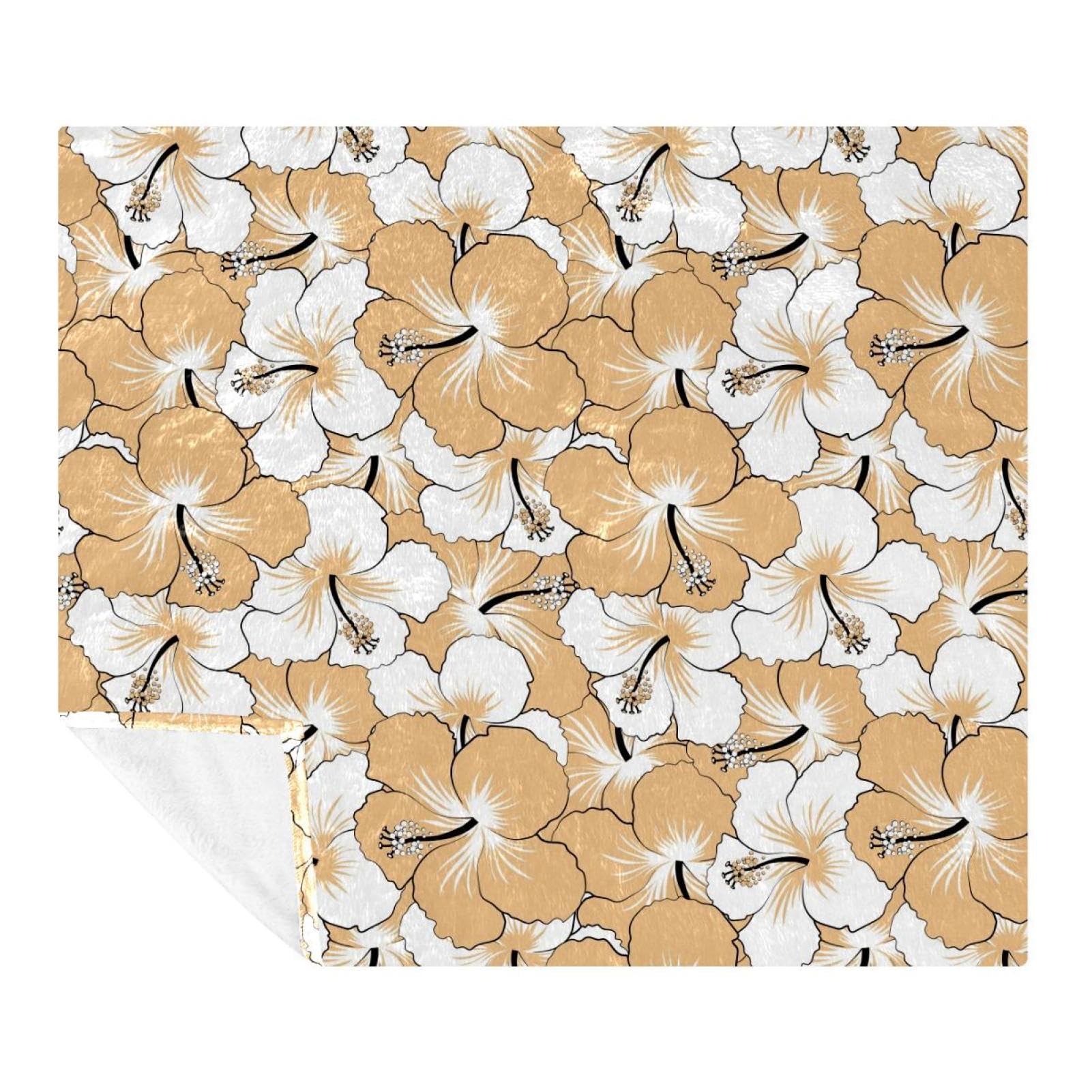 Couverture polaire microfibre 150x200 cm blanc et beige motif hibiscus pour lit et canapé