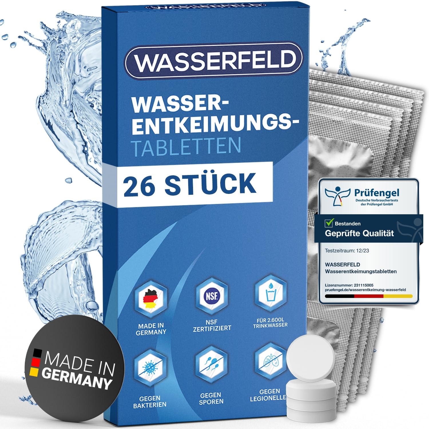 WASSERFELD® Wasserentkeimungstabletten [26 Stück] - Made in Germany - NSF geprüfte Wasseraufbereitung Tabletten für 2.600L Trinkwasser - Notfall Ausrüstung - Trinkwasseraufbereitung