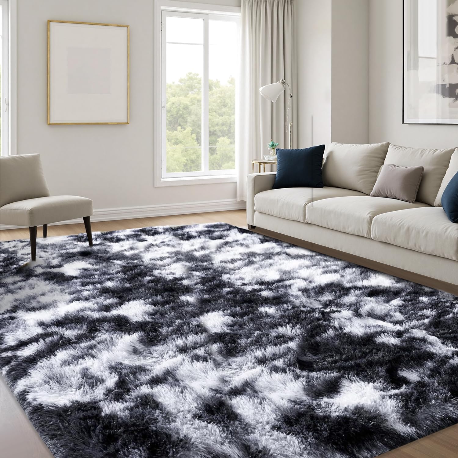 JOYARR Hochflor Wohnzimmer Teppich, Flauschig Waschbar rutschfest Moderne Teppiche Groß für Schlafzimmer Büro Esszimmer Kinderzimmer Spielzimmer, 160x230 cm, Tie Dye Schwarz Weiß