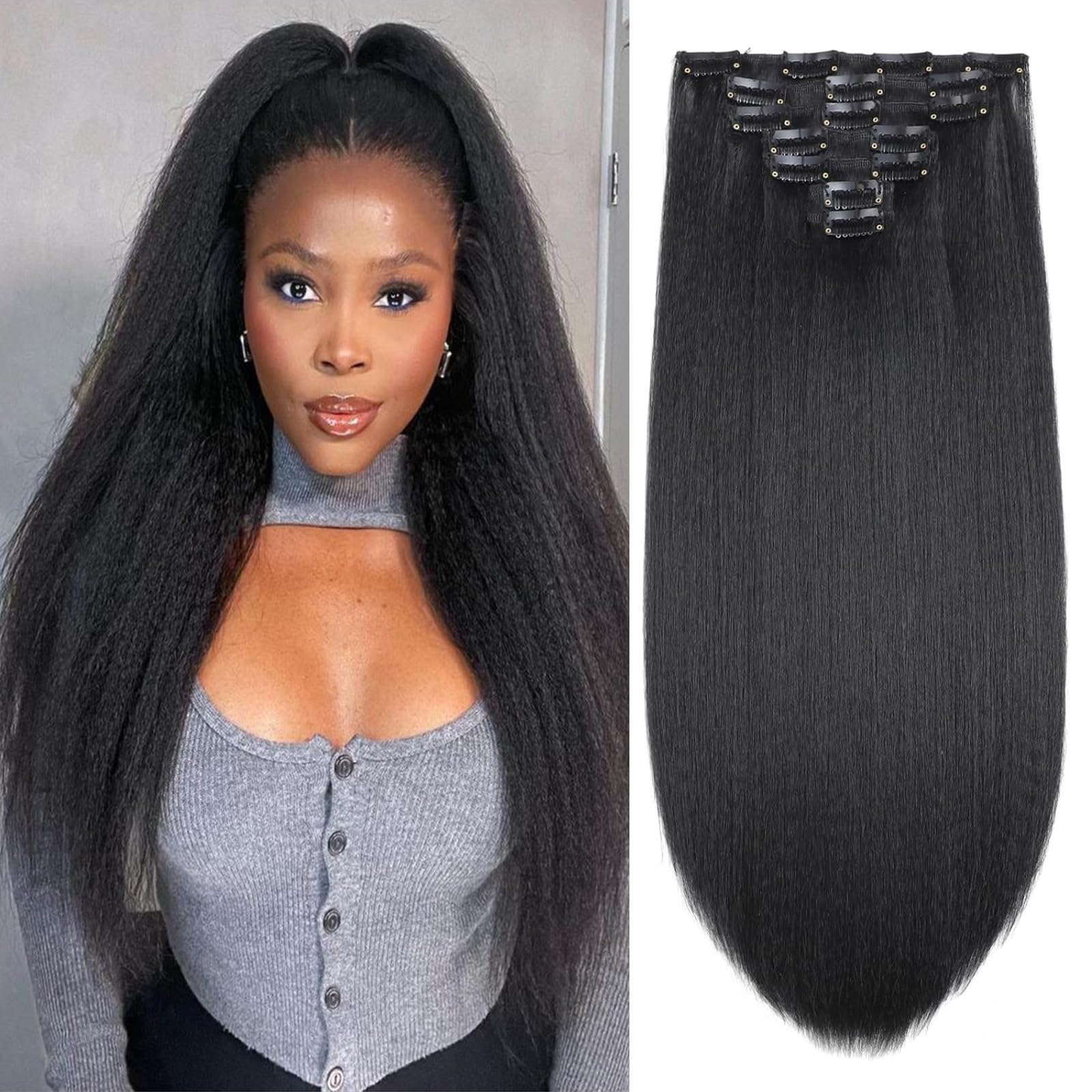 Vlliyava 24 Inch Yaki Kinky Straight Clip in Hair Extensions - 7 PCs 145g Seamless Synthetic Hair for Black Women