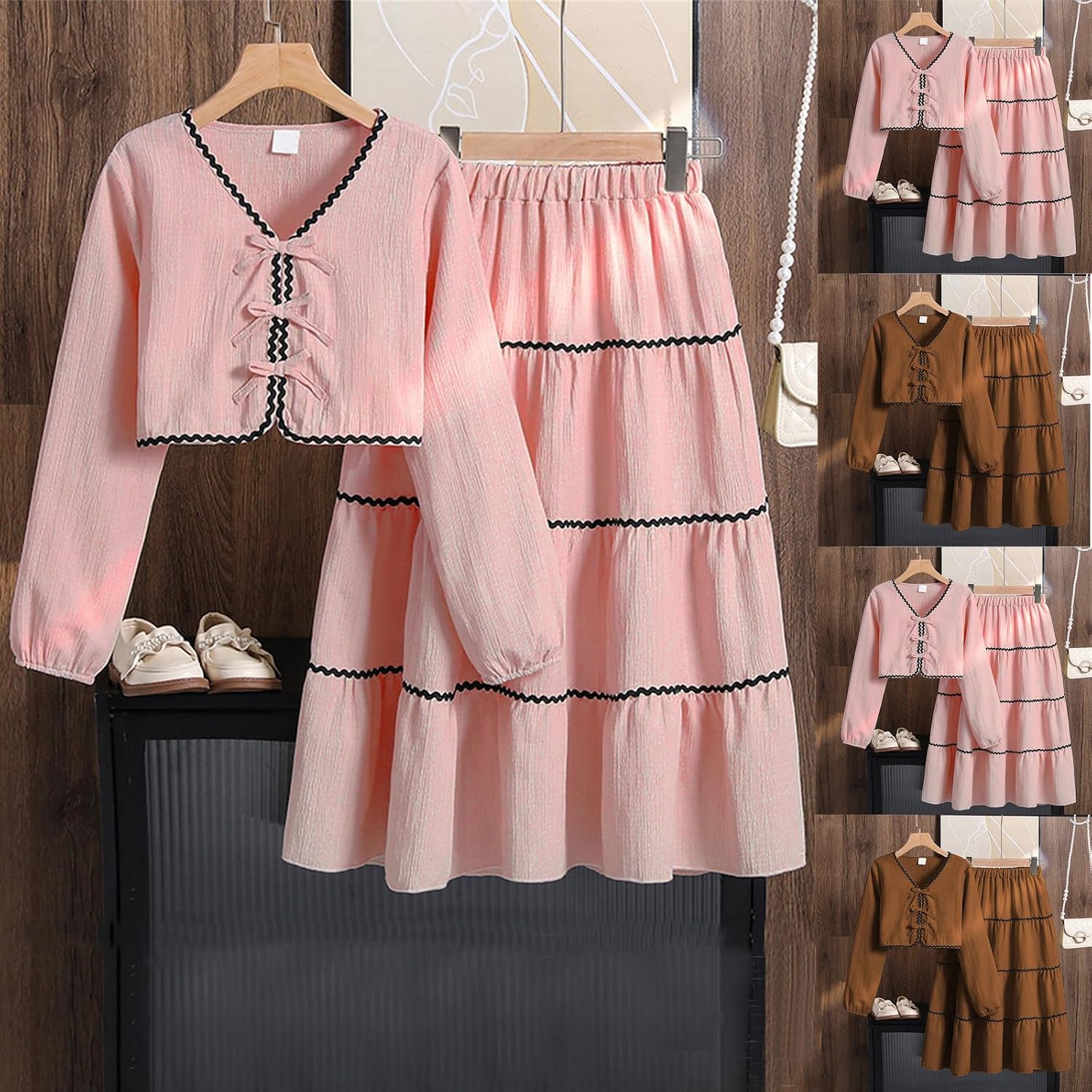 Girls Two Piece Outfits Long Sleeve Cardigan Skirt Set Girls Top and Layered Pleated Skirt Vacation Travel Outfits