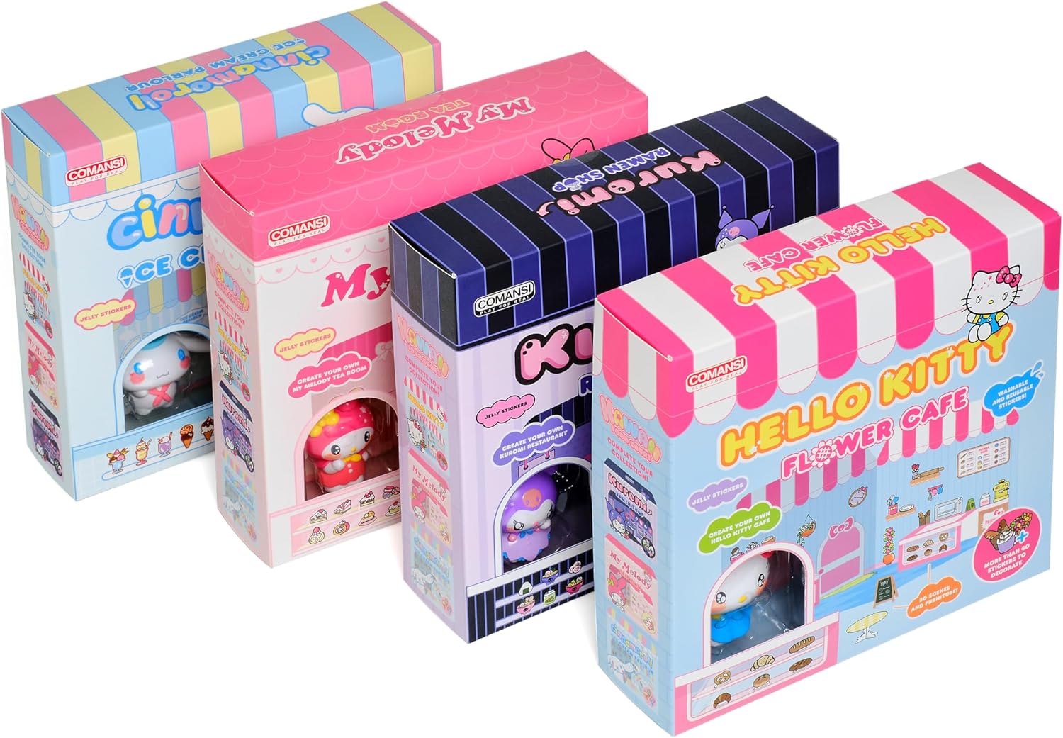 Playset Cinnamoroll Ice Cream Parlour 40+ Stickers and 6cm Figurine | 3D House Restaurant Reusable Stickers | Kawaii Foodcourt Sticker House | Comansi