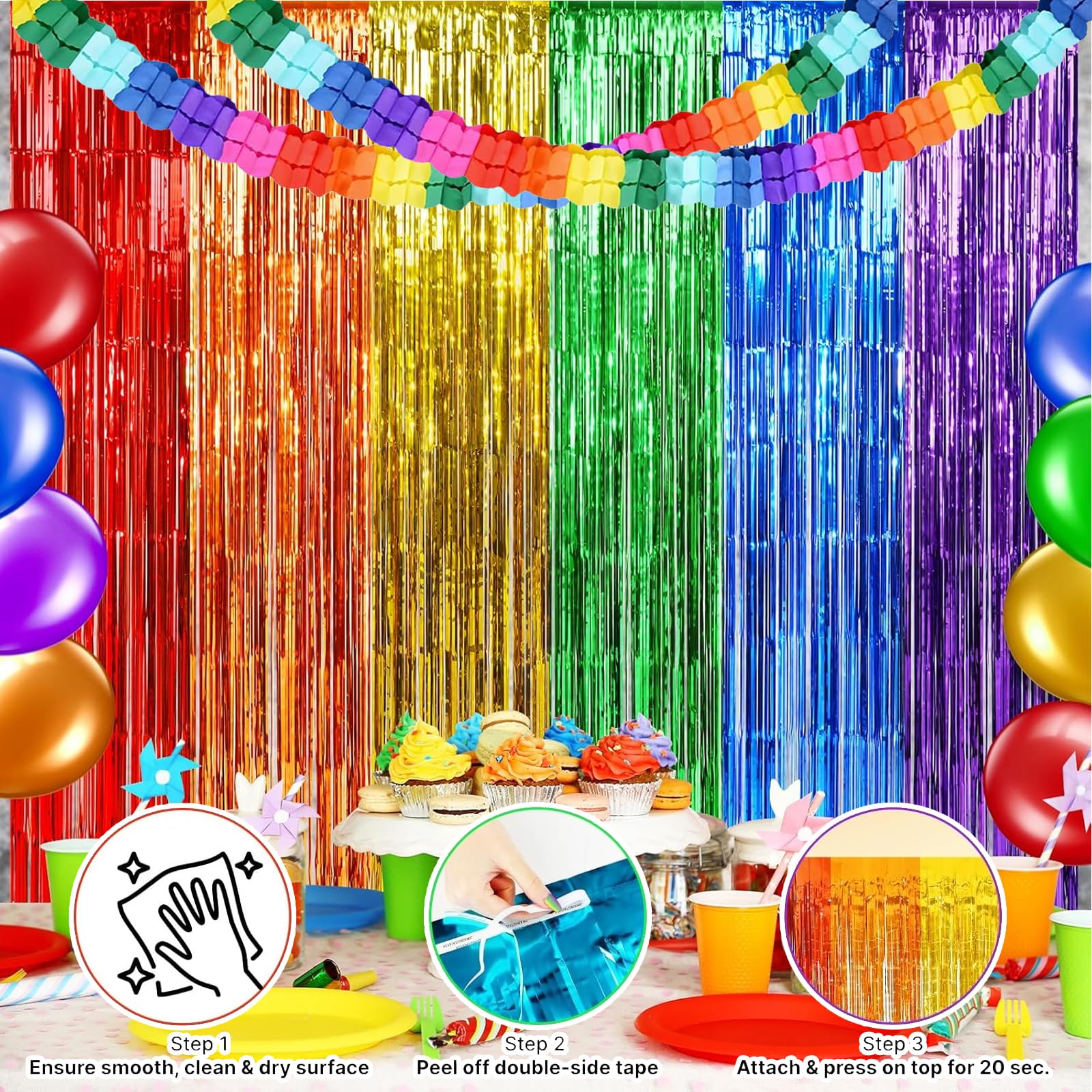 Voircoloria Tende Con Frange In Lamina Arcobaleno - 2 Pezzi Da 1x2m Per Decorazioni Feste Di Compleanno, Laurea, Baby Shower, Discoteca