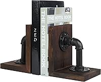 MyGift Industrial Pipe Bookends Rustic Torched Wood - Heavy Duty Metal Book Ends for Shelves, Office Decor Dark Brown Set of 2