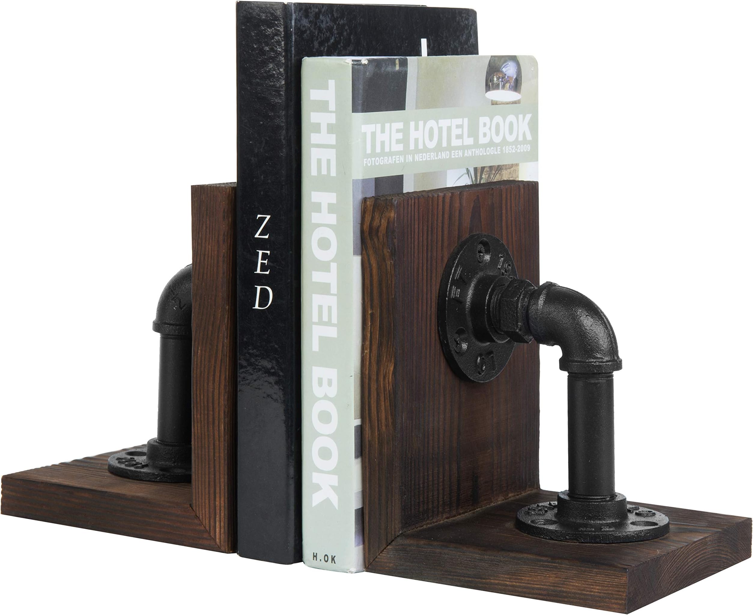 MyGift Book Ends Decorative, Bookends for Shelves, Metal Bookends for Heavy Books, Office Decor for Men, Wood Book Stopper, Realistic Industrial Pipe Design, Dark Brown