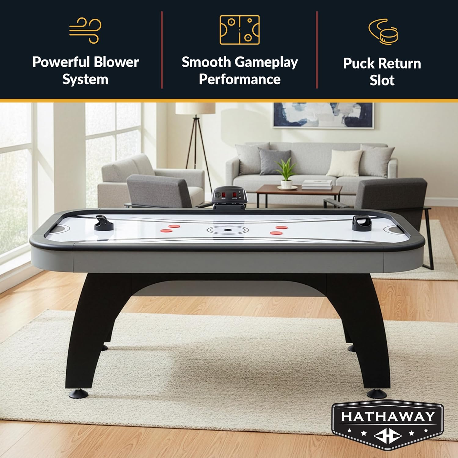 Hathaway Silverstreak 6 Ft Air Hockey Table for Home Game Room - With LED Scoring, High-Output Blower, Scratch-Resistant Surface, Strikers & Pucks - Black Finish