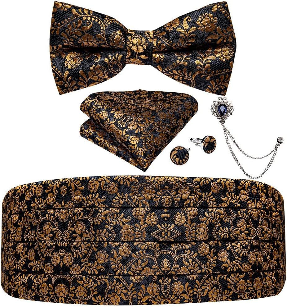 Men's Formal Cummerbunds Silk Floral Bow Tie Set Pocket Square Brooch Chain Wedding Party Waistband Ceremonial Belt