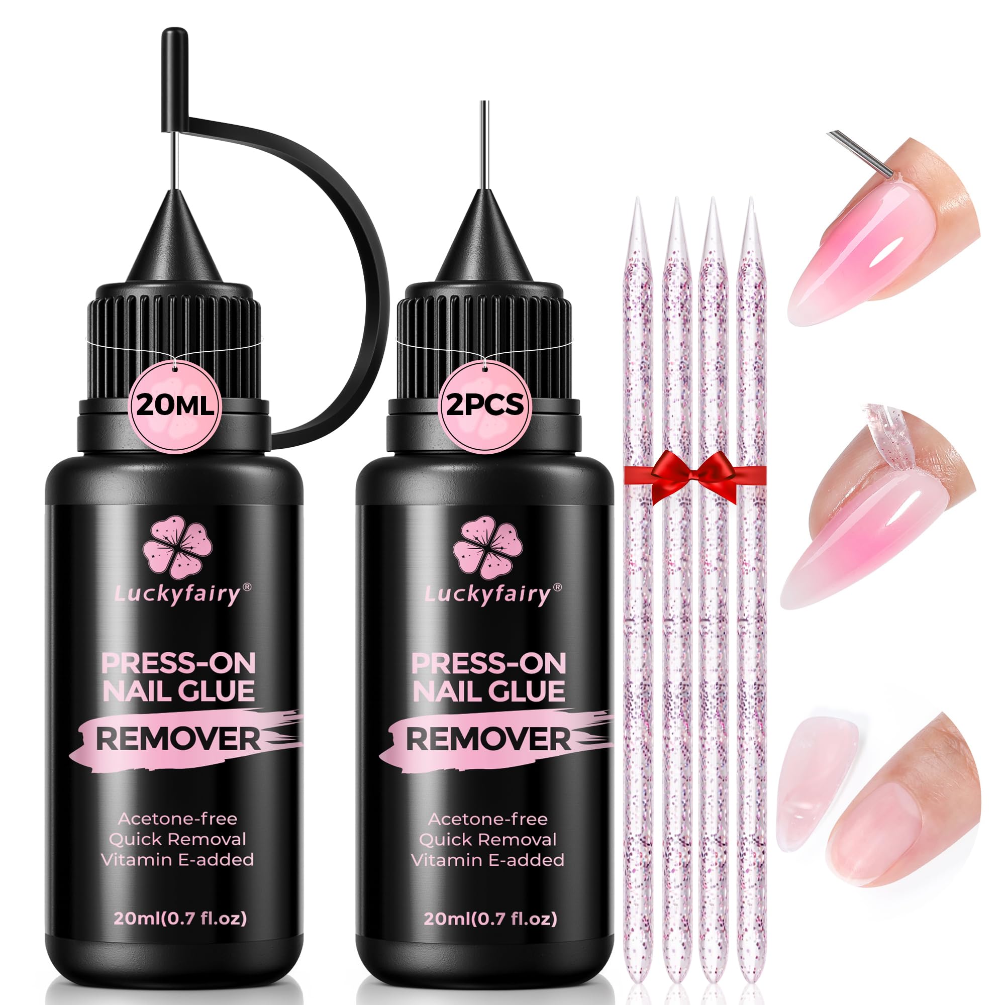 Pinpoint Press On Nail Remover: 2PCS 20ml Non-Acetone Nail Glue Remover with Cuticle Pusher, Multi-Functional Remover for Nails Tips, Gentle Nail Polish Remover with Upgraded Quick Easy Removal
