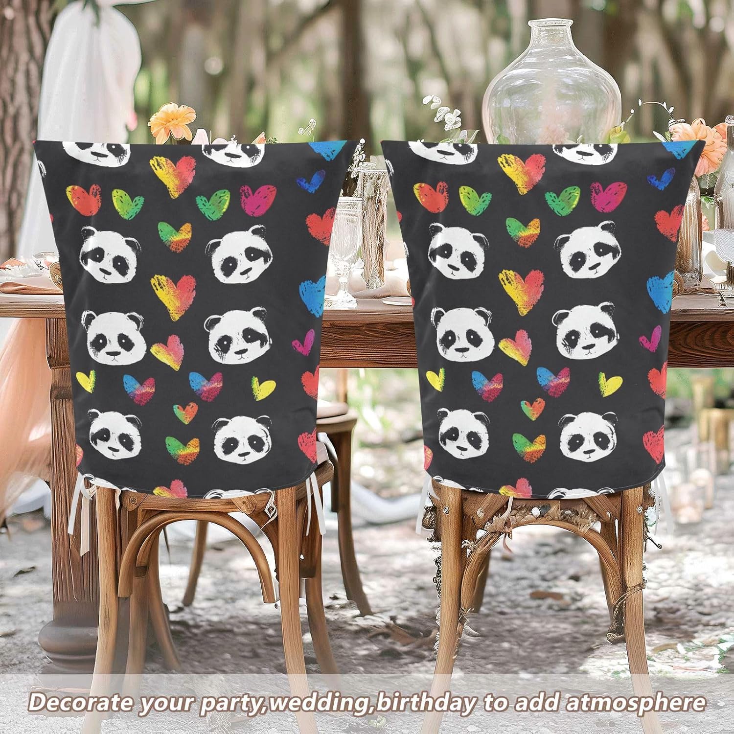 ALAZA Panda and Rainbow Hearts Chair Back Cover Set of 6, Washable Reusable Removable Chair Slipcovers Decorative Chair Cover for Home Kitchen Wedding Party