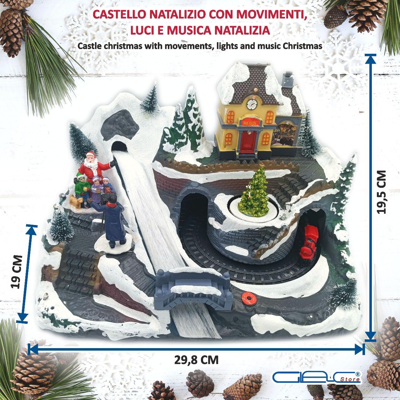 Villaggio di Natale Animato con Stazione Ferroviaria, Luci, Musica e Movimenti, 29,8 cm