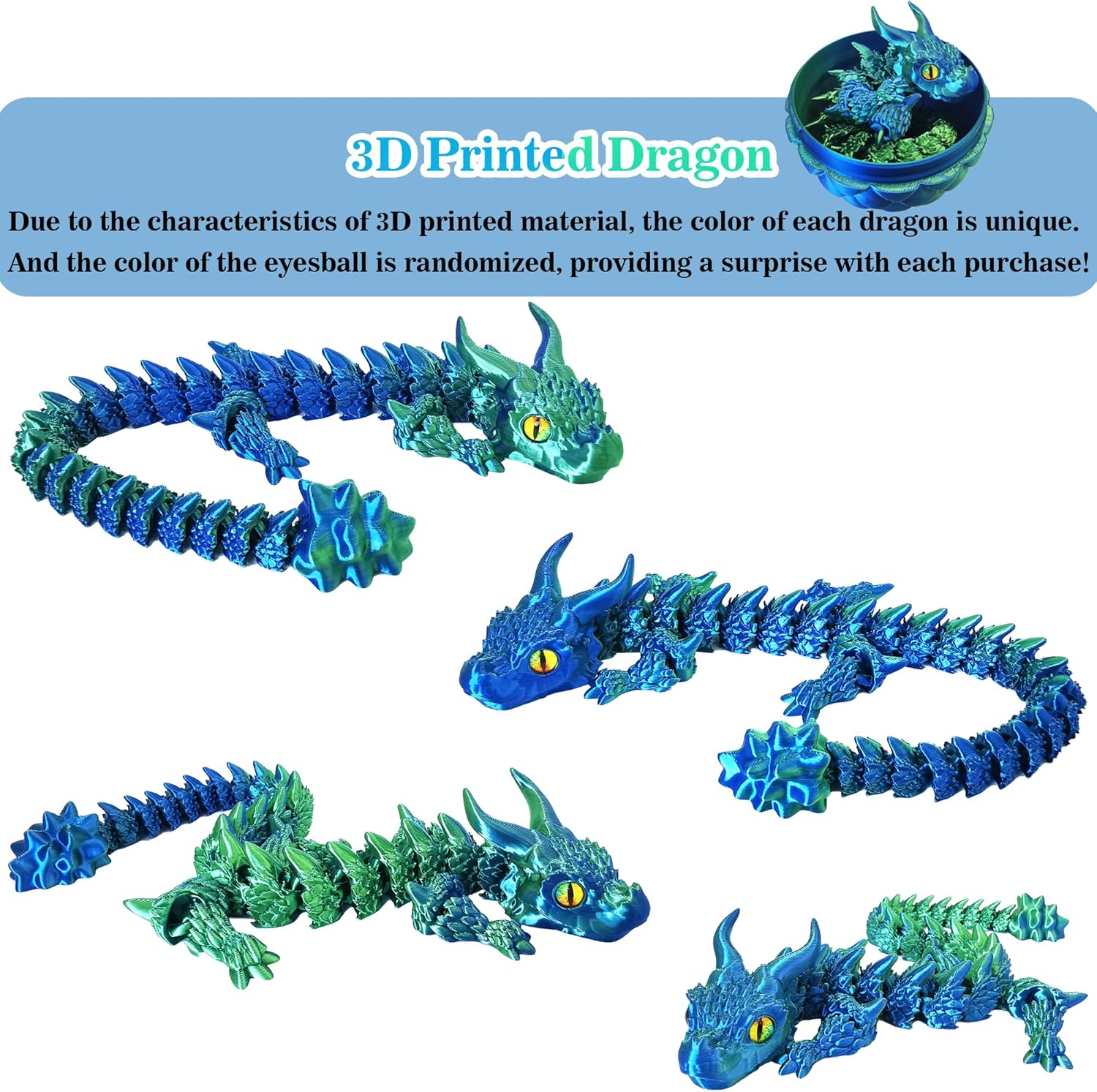 3D Printed Dragon Eggs with Dragon Inside, Large Articulated Dragons Toys with Eyes, Easter Basket Essentials Stuffers Surprise Eggs Home Decor Executive Desk Toy (Blue+Green)