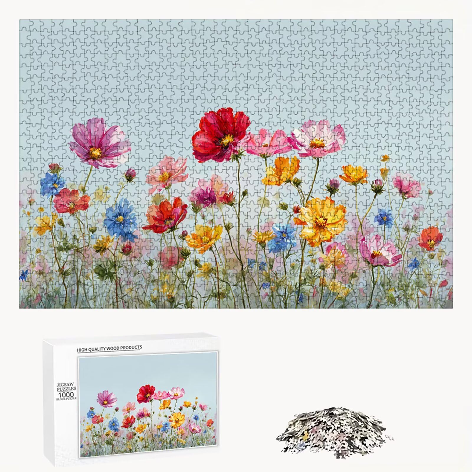 1000 elementów dla dorosłych, kwiaty i różowe, wytrzymałe drewniane puzzle o idealnym dopasowaniu, 75 x 50 cm, w zestawie plakat, prezent i uwaga, dekoracja ścienna, nie dla dzieci poniżej 14 roku