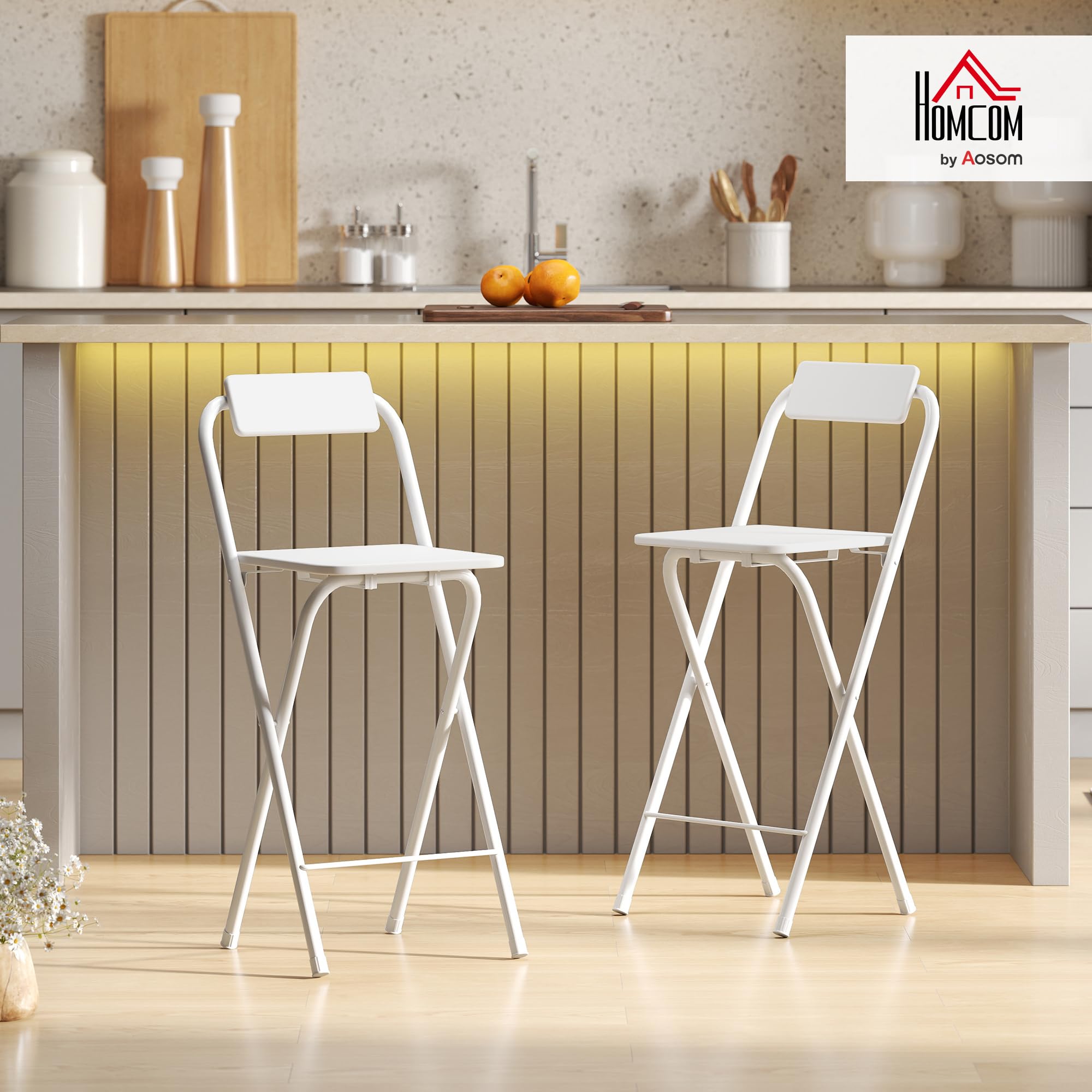 HOMCOM Juego de 2 Taburetes de Bar Plegables Taburetes Altos de Cocina con Respaldo Reposapiés y Marco de Acero para Comedor Mostrador Blanco