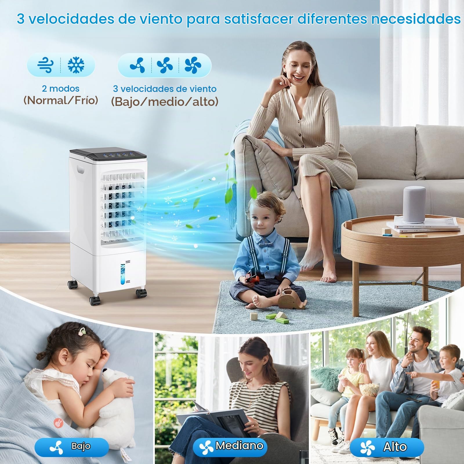 Enfriador de Aire 4 en 1 Grande, Aire Acondicionado Móvil portátil, Climatizador Evaporativo Silencioso con 5.5 L Tanque,Temporizador 1-7 H, 2 Modos 3 Velocidades, Ruedas, Control Remoto, Oscilación