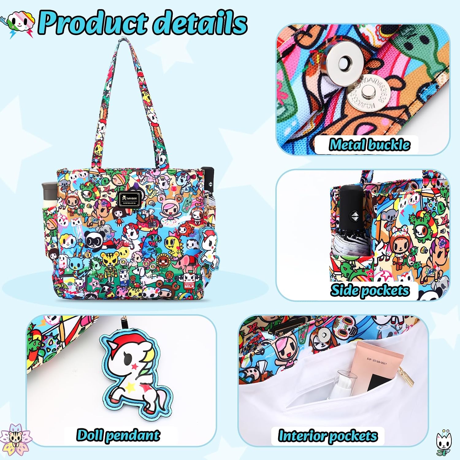 tokidoki Unicorno Foldable Tote Bag for Women, Canvas Tote Bags with Doll Portable Shoulder Handbag for school Work Travel
