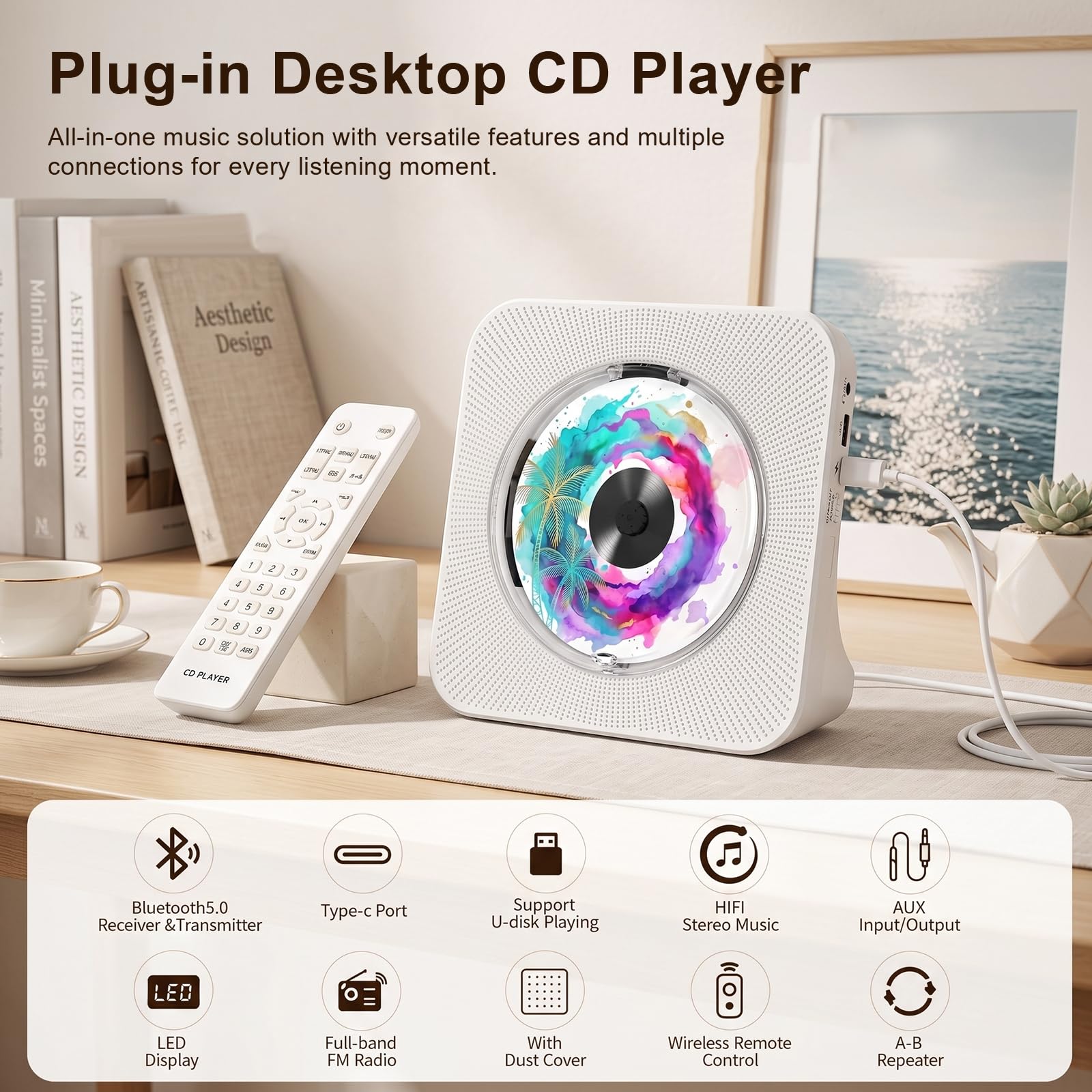 Gueray Lecteur CD Portable Mural Lecteurs CD Bluetooth de Bureau pour la Maison, Double Haut-parleurs HiFi Intégrés, Prise AUX et Casque, Radio FM Boombox avec Télécommande Port USB Écran LCD