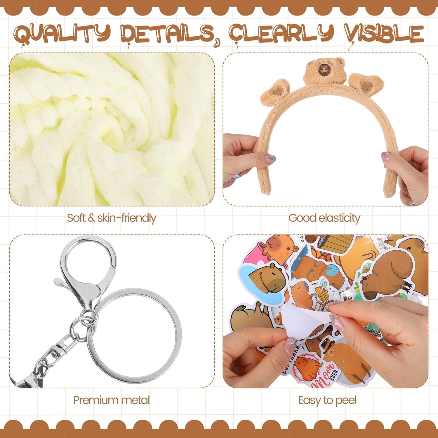 Aodaer 75 Pcs Capybara Plush Toy Set with Stuffed Capybara Plush Toy Keychain Backpack Towels Comb Headband DIY Sticker Bracelets Notebook Hair Clips Mirror Stickers for Birthday Gifts Party Favor