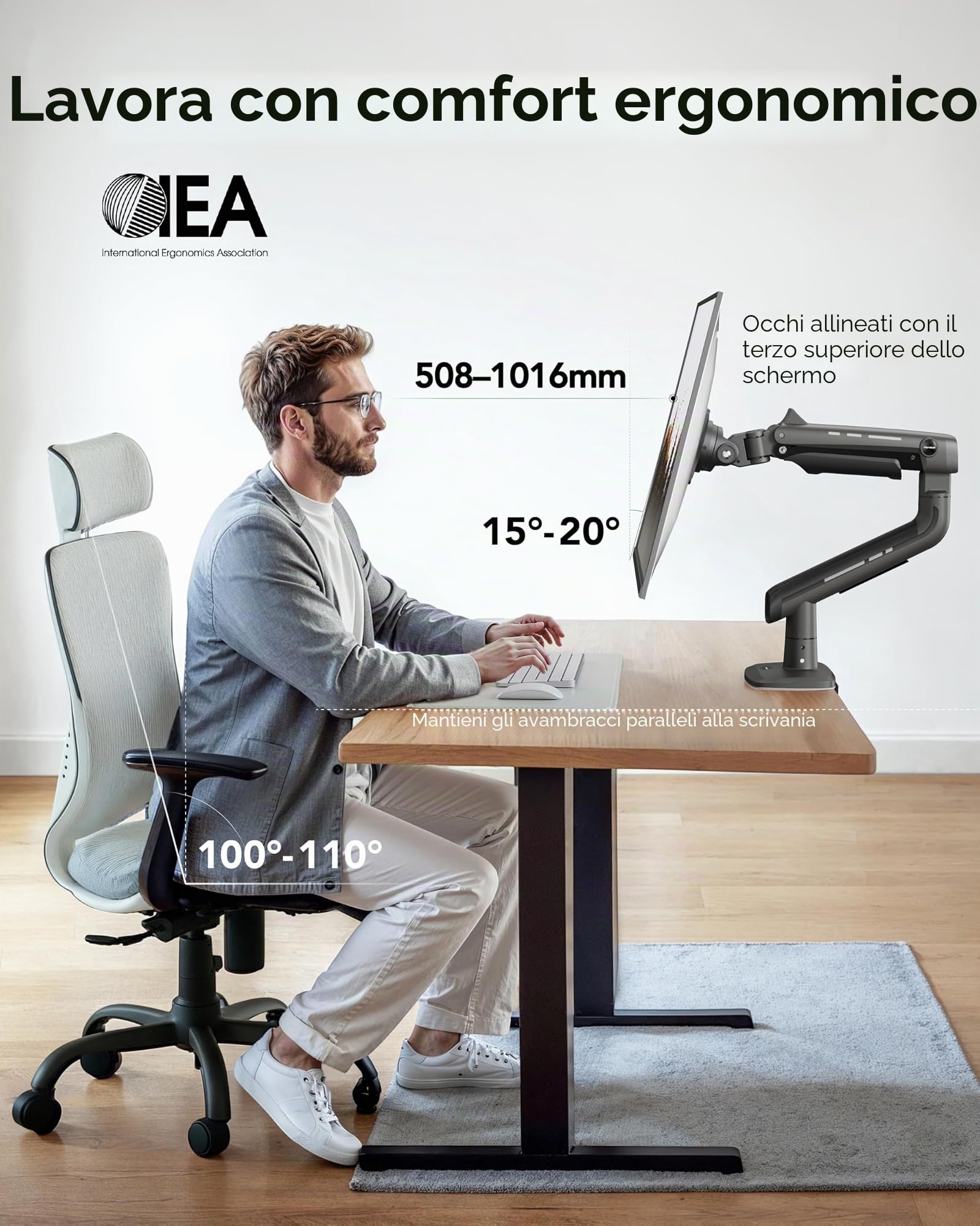 HUANUO Braccio monitor pesanti di schermi ultralarghi fino a 49", con 18kg, supporto scrivania schermi ultralarghi alluminio, supporto monitor regolabile C-pinza, base grommet, max VESA 100x100mm