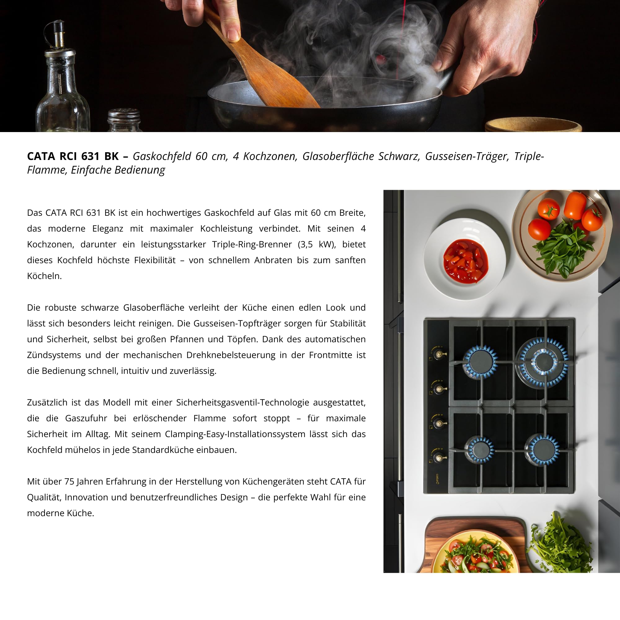 Cata , Plaque à gaz en verre, série Rustic, modèle : RCI 631 BK, largeur 58 cm, 4 brûleurs à gaz, gaz naturel, comprend des injecteurs de gaz butane, finition en verre noir