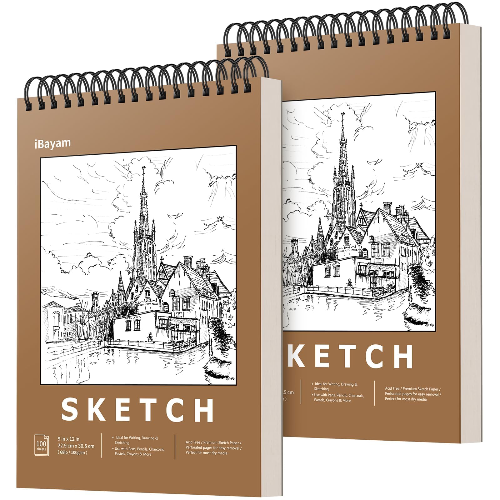 9" x 12" Premium Sketch Book Set, 2 Pack Spiral Bound Drawing Paper, 200 Sheets (68lb/100gsm) Sketchbook, Acid-Free Art Drawing Painting Sketching Pad Supplies for Kids, Teens, Adults, Artists