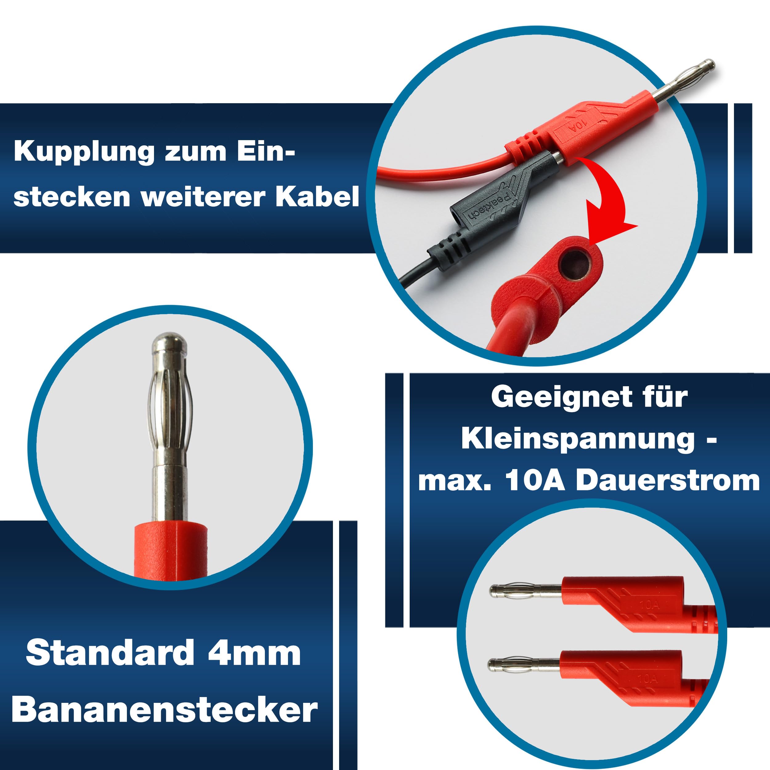 PeakTech P 8202, 24 Stück Messleitungen Set, 25cm - 200cm, Multimeter Test Kabel, Laborleitungen, Messkabel mit 4mm Bananenstecker, stapelbar, in 4 Farben je 25cm, 50cm, 75cm, 100cm, 150cm & 200cm
