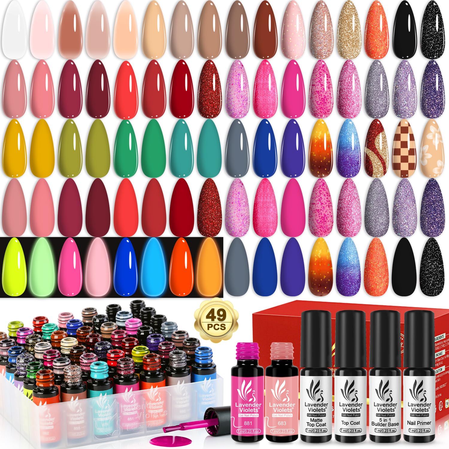 Lavender Violets 49pcs Gel Nail Polish Set 45 Colors Neon Glow in the Dark Effect with Nail Primer Builder Base Coat Glossy & Matte Top Coat Jelly Shades for Christmas Gift Set Nail Art Design A950