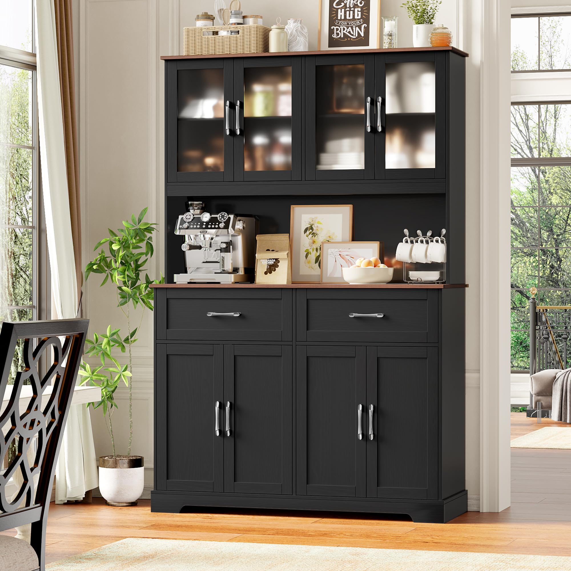 71" Kitchen Pantry Cabinet, Black Kitchen Hutch with Microwave Stand, Glass Doors, Food Pantry Cabinet with Doors and Shelves for Dining Room, Black