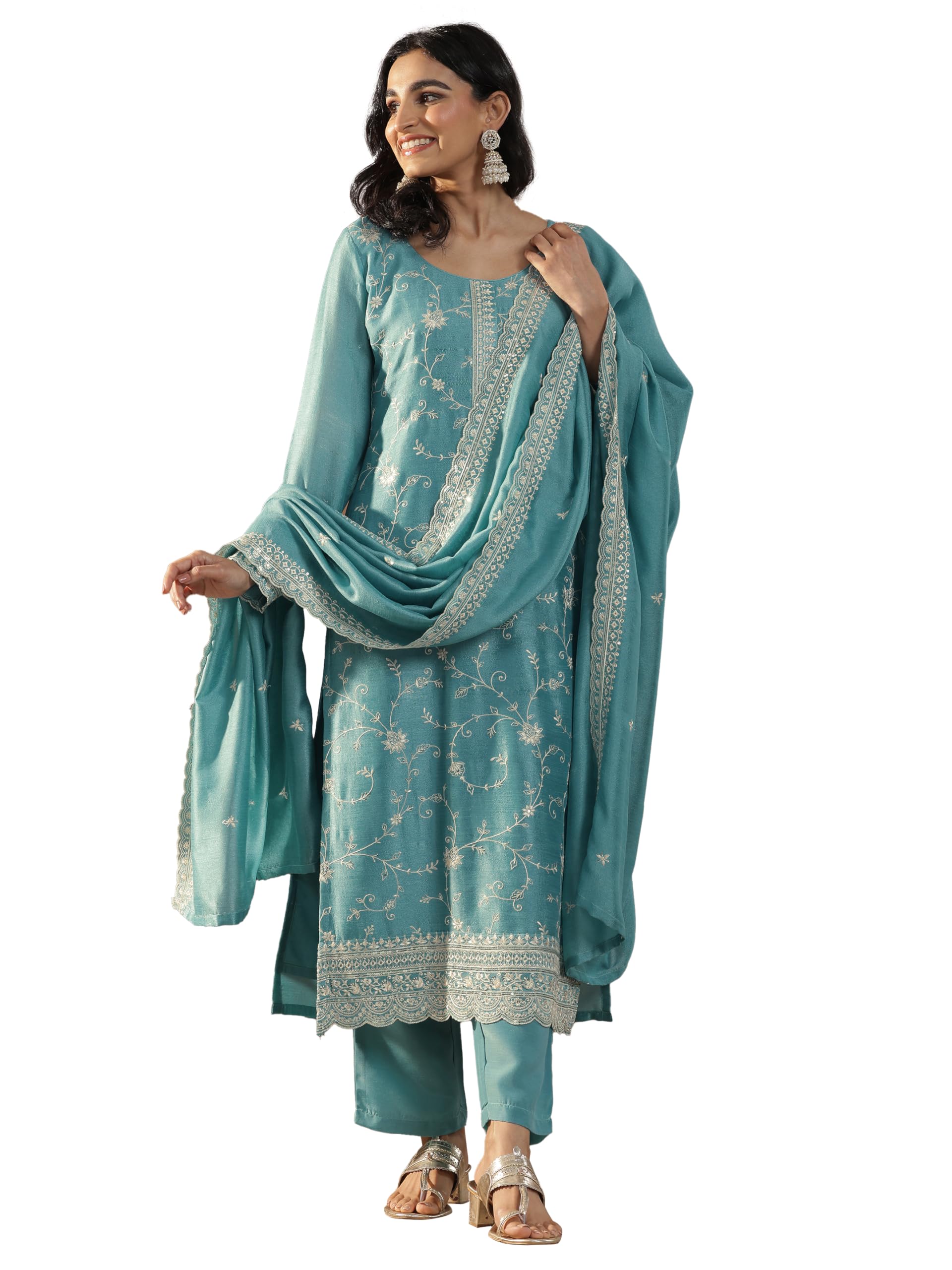 Womens Embroidered Silk Blend Straight Kurta With Trousers and Dupatta