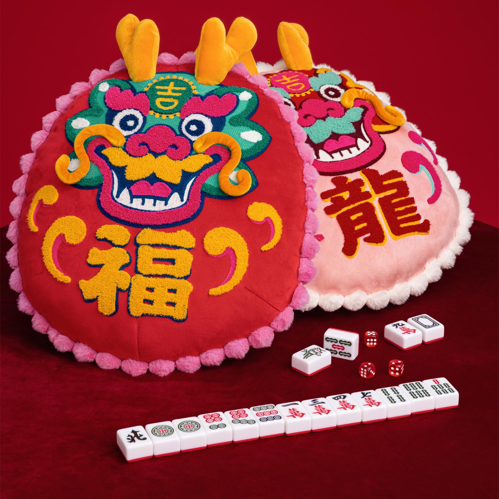 Bonlting Good Fortune Pillow New Year Red Round Throw Pillow Dragon New Year Embroidery Cushion Decoration for Traveling, Car, Home, Office