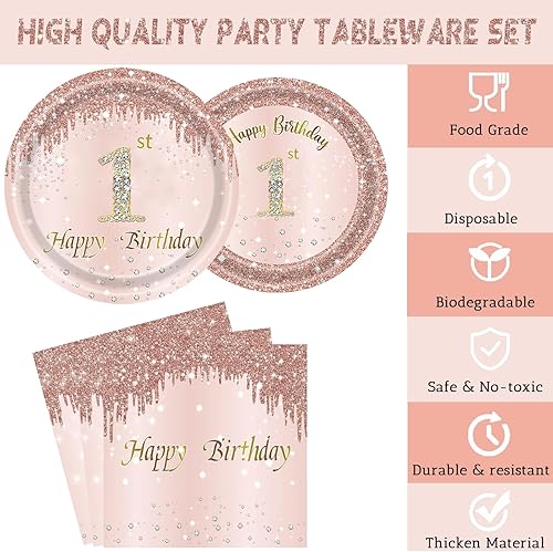 Miniatura 3 de 24 juegos de decoraciones de fiesta de cumpleaños de oro rosa para niñas, 1 plato de cumpleaños y servilletas, tenedores, suministros de fiesta para