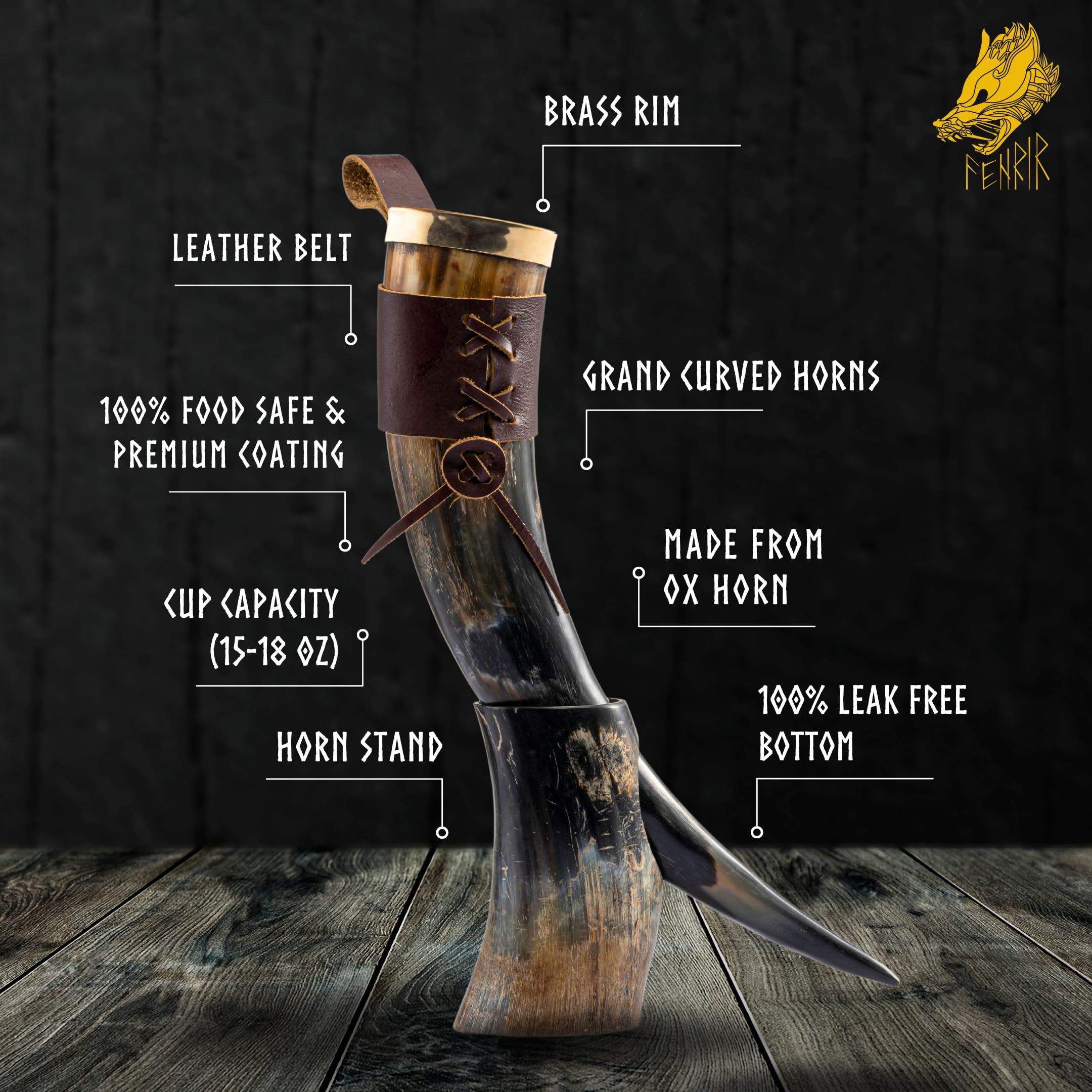 FENRIR Viking Corne véritable en laiton avec ouvre-étui en cuir marron - Brillance biologique naturelle - Pour bière, hydromel - Boisson froide authentique (taille 425,2 à 510,3 g)