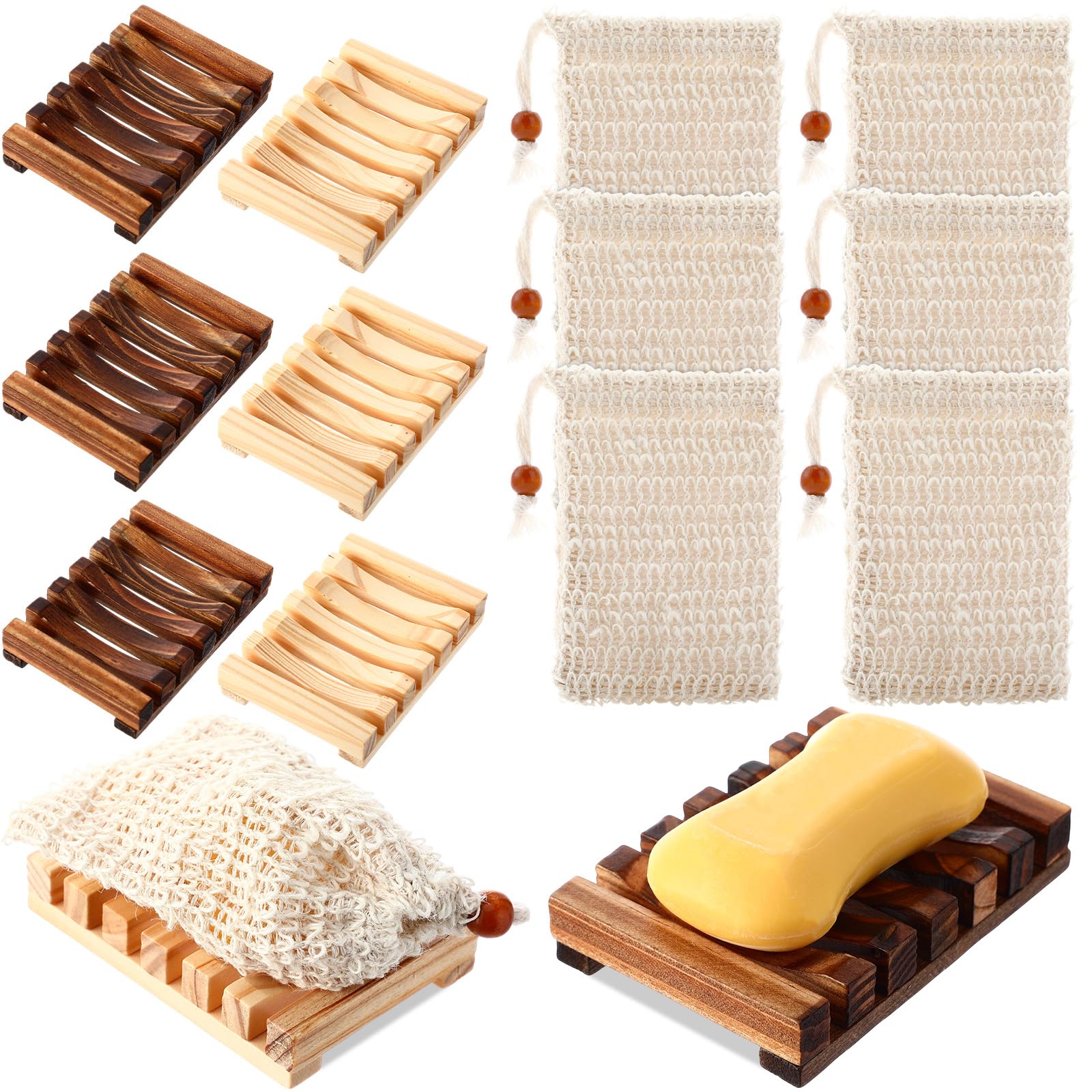 Porte-savon en bois Mumufy et sacs exfoliants en bambou pour douche et voyage