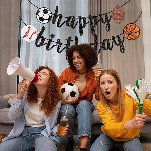 Miniatura 7 de Cartel deportivo de feliz cumpleaños, pancarta de cumpleaños deportivo con purpurina, fútbol, béisbol, fútbol, baloncesto, decoración de cumpleaños