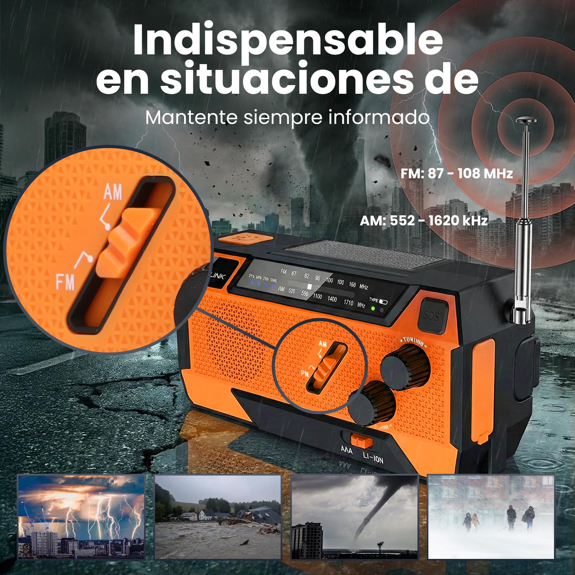 Extralink Radio Solar de Emergencia con Manivela, Función de Carga de 4000 mAh con Cables de Carga Integrados, FM/Am, Linterna LED & Luz de Lectura, Alarma SOS – para Camping y Supervivencia