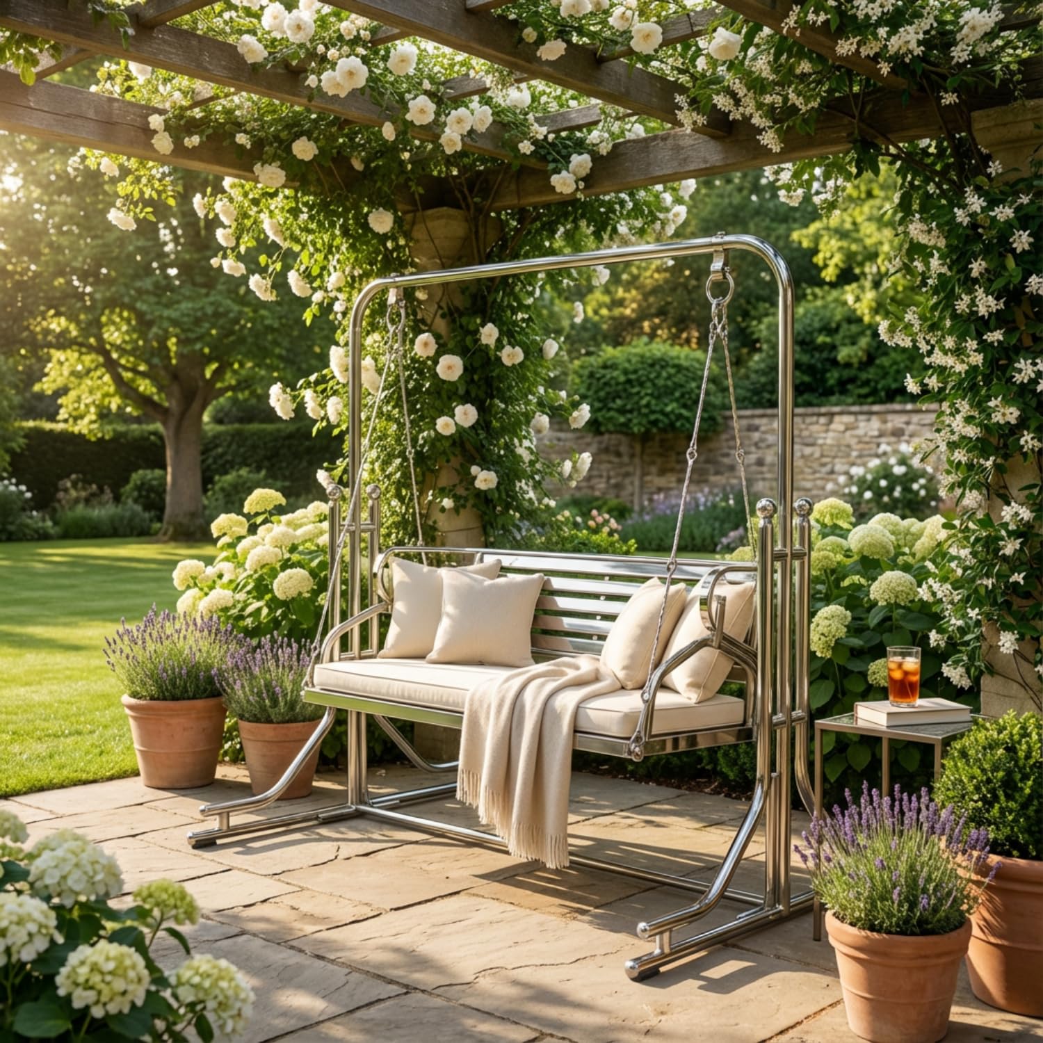 Kaushalendra Stainless Steel Indoor Swing Jhula - 2 Seater with Stand, Both Sides Usable Seat, Easy to Assemble, 300 Kg Capacity, 127 Centimeters