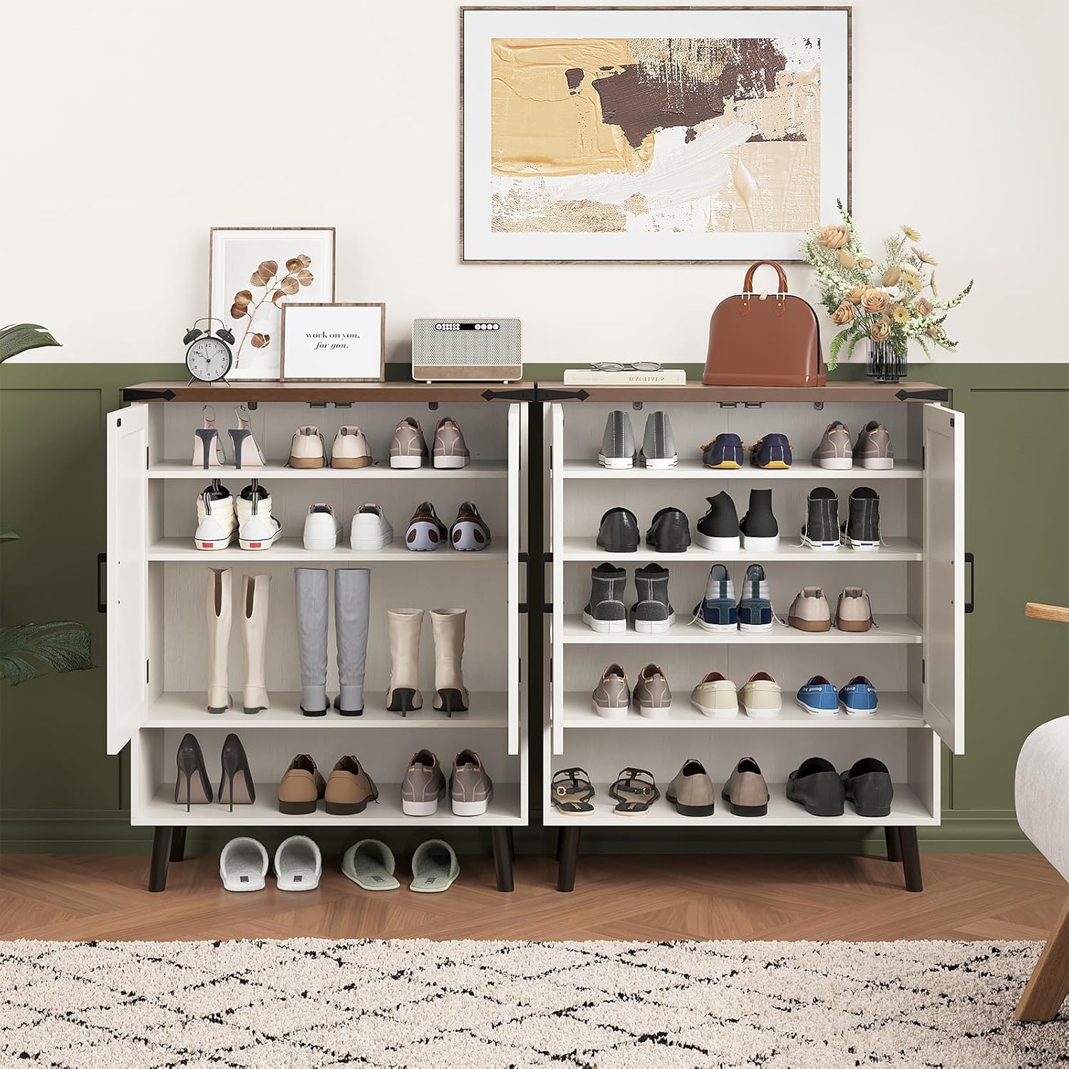 Vabches Farmhouse Shoe Storage Cabinet with Doors, 5 Tier Small Shoe Cabinet with Adjustable Shelves and Metal Legs, 34" Tall Shoe Rack Organizer for Entryway, Foyer, White