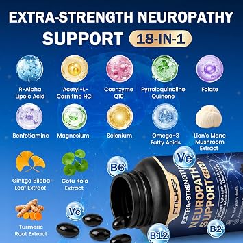 Neuropathy Support Nerve Supplement 1000mg Advanced R-Alpha Lipoic Acid, L-Carnitine, Benfotiamine, PQQ,CoQ10,Magnesium & B-Complex for Nerve Health,Antioxidant & Cellular Energy,Vegan 120 Capsules
