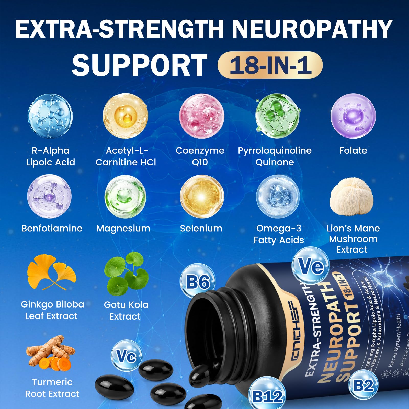 Neuropathy Support Nerve Supplement – 1000mg Advanced R-Alpha Lipoic Acid, L-Carnitine, Benfotiamine, PQQ,CoQ10,Magnesium & B-Complex for Nerve Health,Antioxidant & Cellular Energy,Vegan 120 Capsules — Amazon image 3