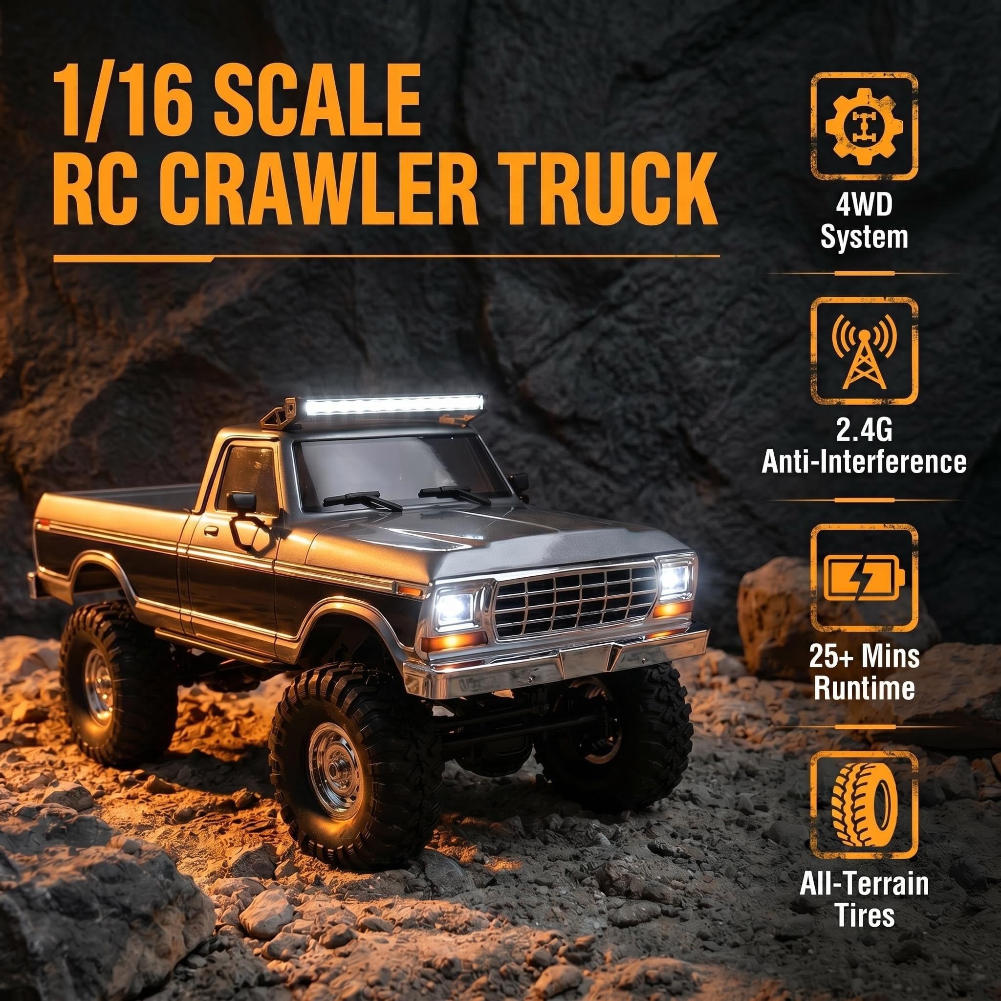 Auto telecomandata 1/16, pickup 4x4 proporzionale 2,4G, fuoristrada con 12 modalità di fari, auto radiocomandata per adulti (RTR/nero)