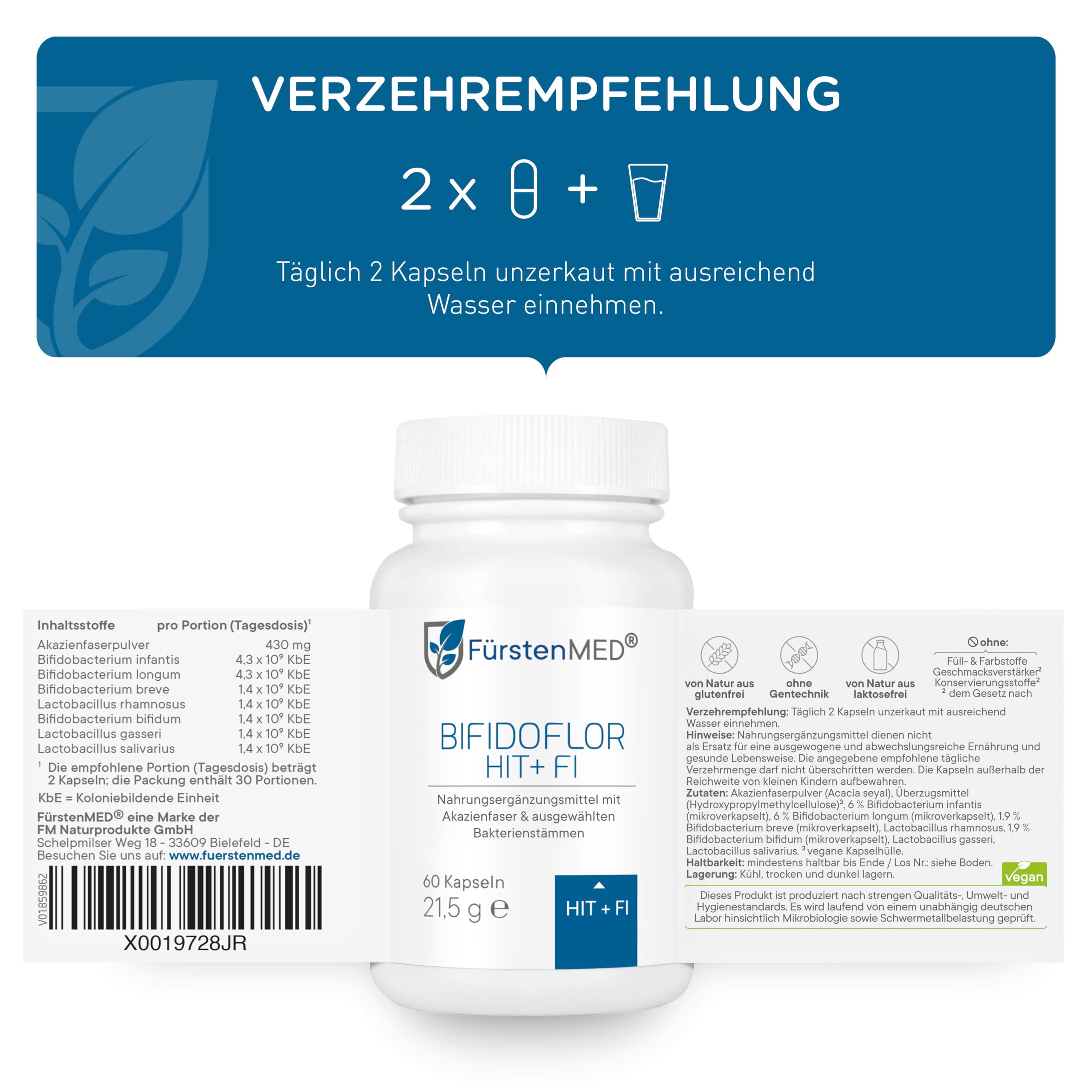 FürstenMED® Bifidoflor HIT + FI mit Bifidobacterium & Lactobacillus Stämmen und Akazienfaser – 60 magensaftresistente Kapseln – Vegan, Laborgeprüft, Made in Germany