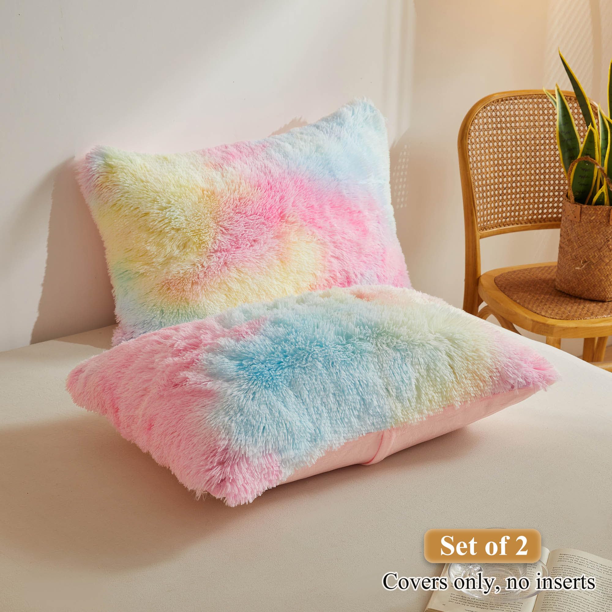 XeGe Flauschige Kissenbezüge aus Kunstfell, Batik-Samt, 2 Stück (Standard, 50,8 x 66 cm), Regenbogenfarben, für Bett, Couch, Teenager, Mädchen, Reißverschluss