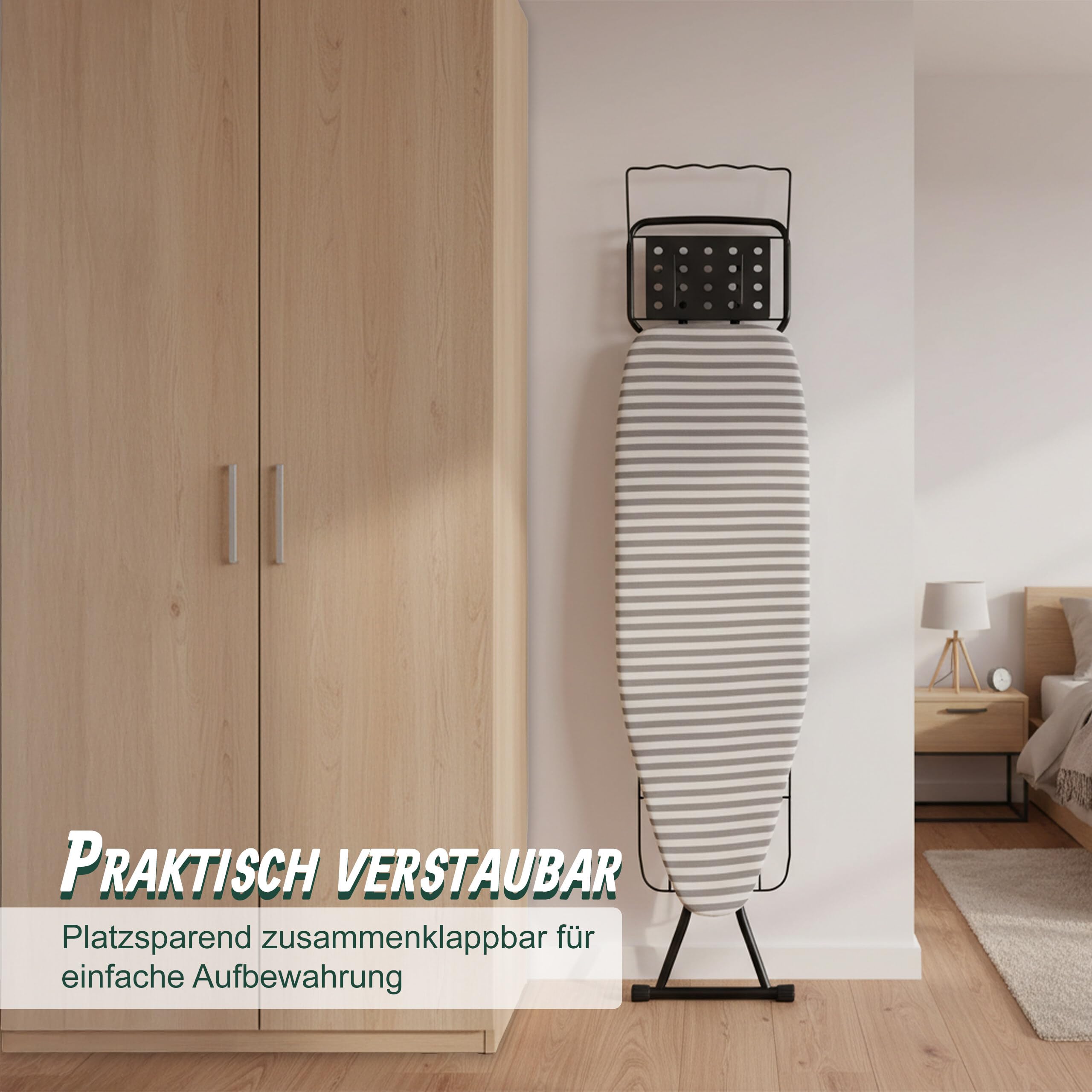 Relaxdays Bügelbrett für Dampfbügeleisen, 110x33 cm, höhenverstellbar, klappbar, Ablage, Bügeltisch gestreift, grau-weiß