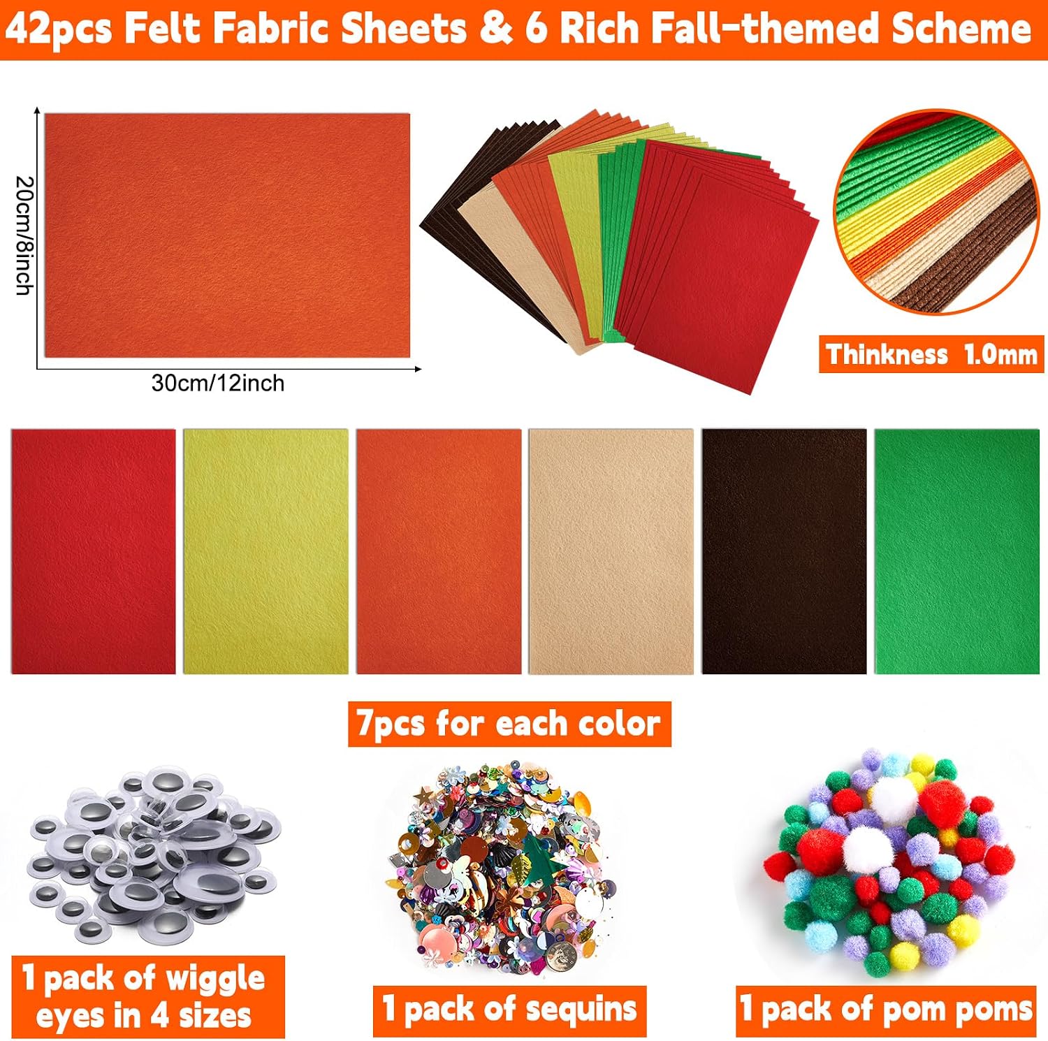 42Pcs Fall Felt Fabric Sheets 8 x 12 Inch Autumn Yellow Orange Assorted Soft Thick Felt Pack with Wiggle Google Eyes Pom Poms Glitter Patchwork for Thanksgiving DlY Sewing Creative Art Project Decor image 2