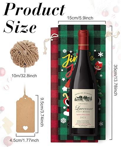 Miniatura 7 de Aoonby 12 bolsas de arpillera para vino, bolsas de regalo de vino de Navidad para botellas, bolsas de botellas de Navidad a cuadros con cordón
