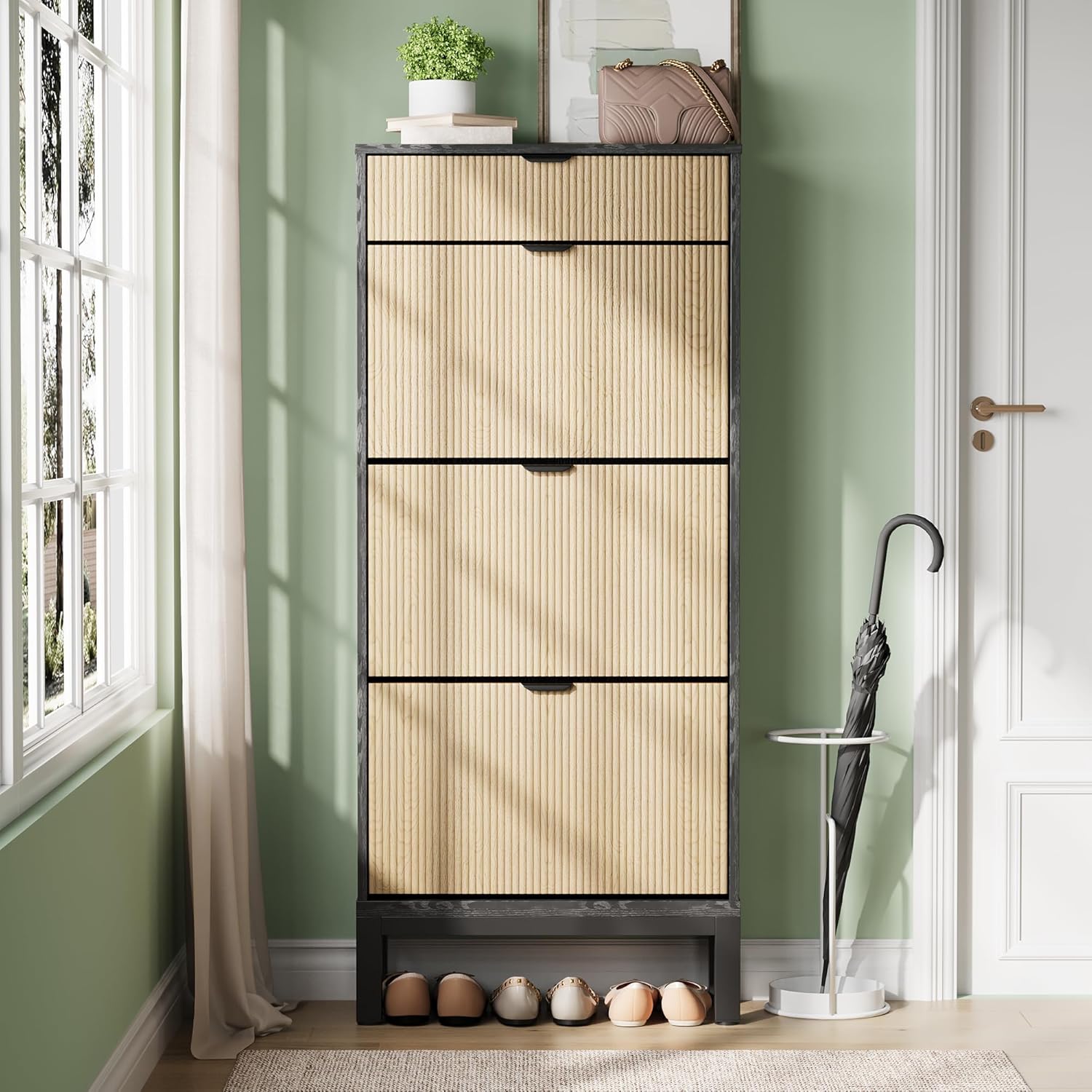 IDEALHOUSE Shoe Storage Cabinet with 3 Flip Drawers, Farmhouse Fluted Shoe Organizer with Metal Legs, Freestanding Hidden Slim Narrow Shoe Rack for Entryway, Foyer, Hallway