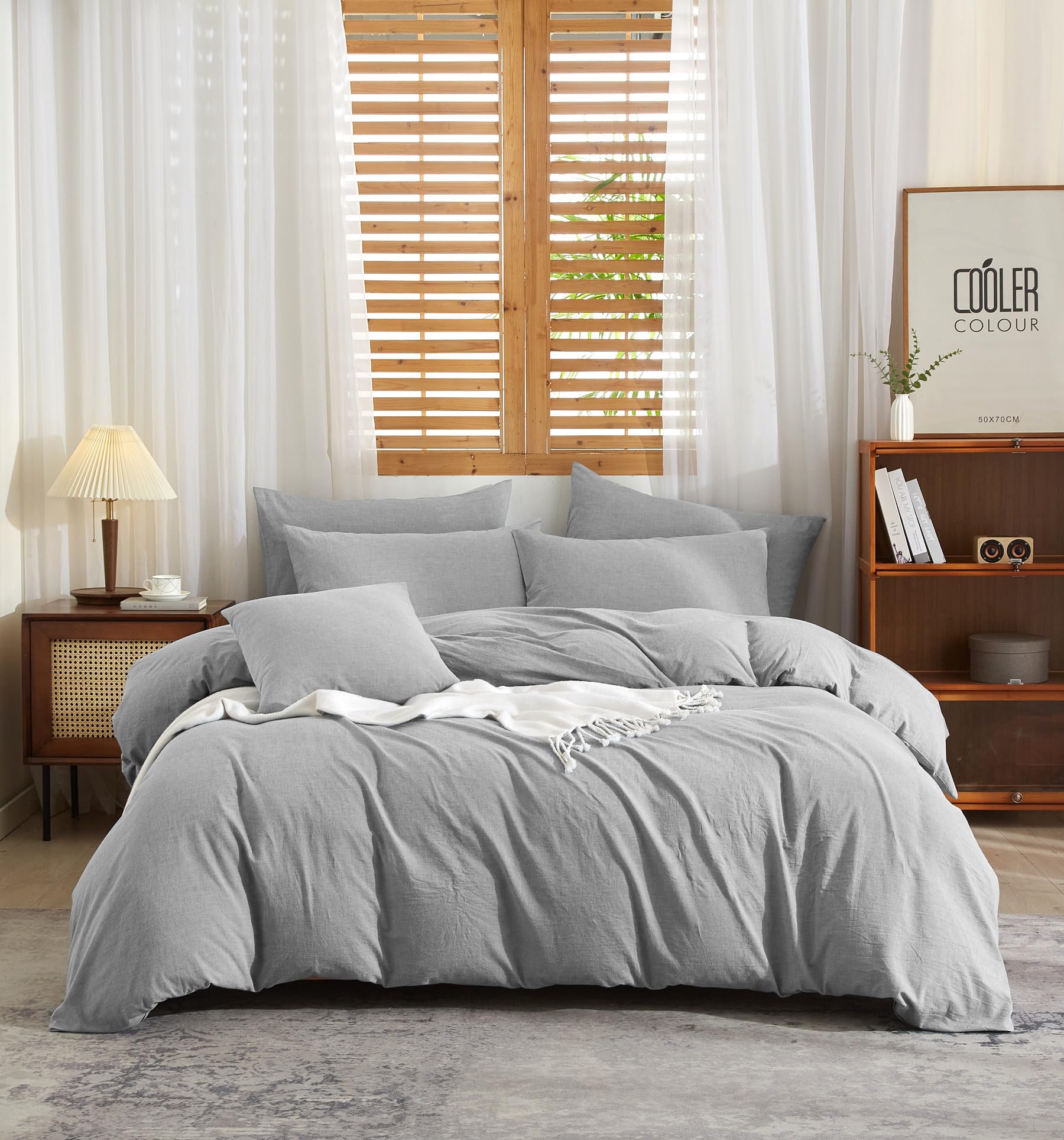 Funda nórdica de 240 x 260 cm, color gris claro, suave, transpirable, suave, mezcla de algodón, lino, ropa de cama para 2 personas con cremallera y fundas de almohada de 65 x 65 cm